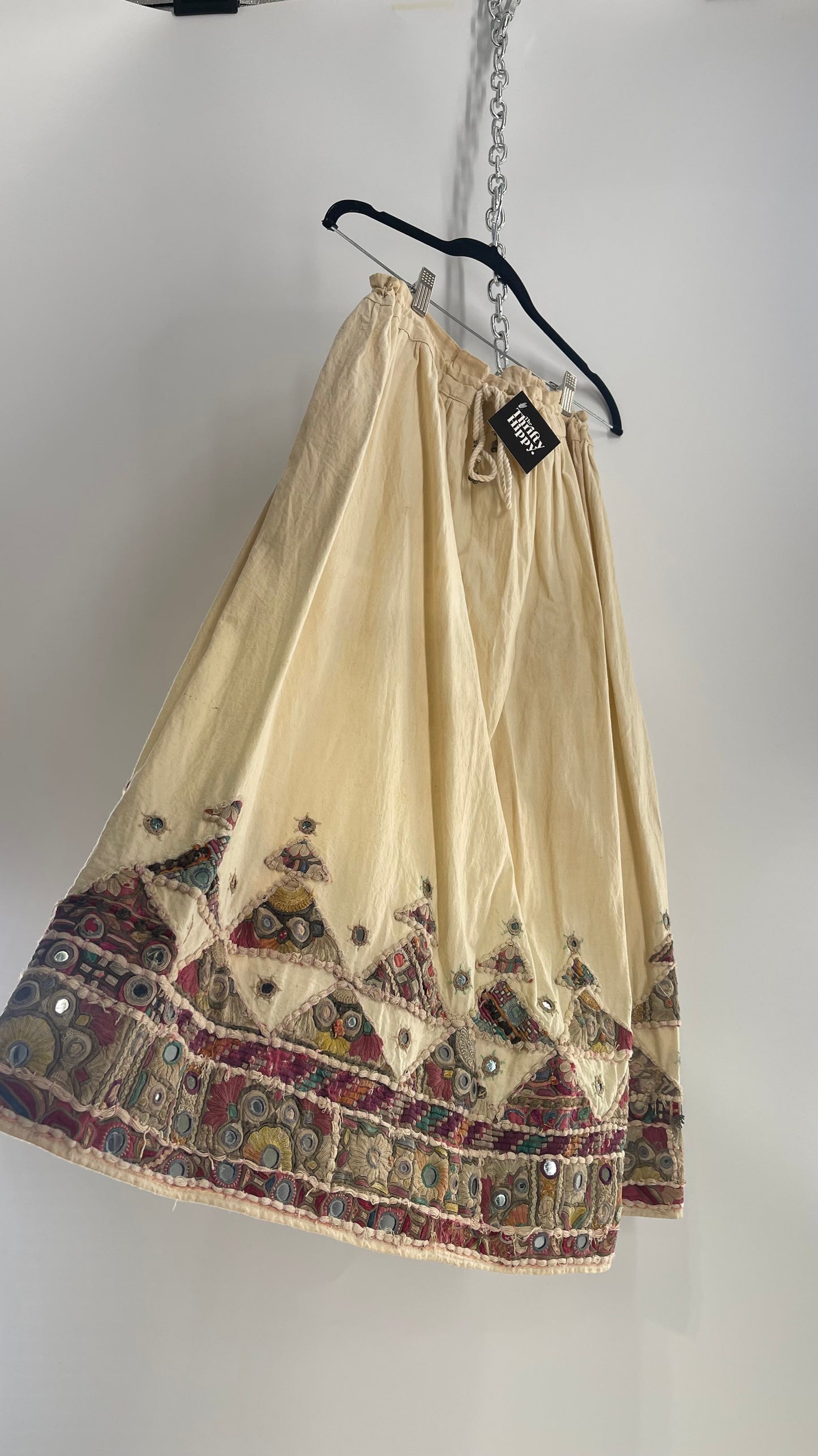 Vintage Imported Hand Stitched Skirt with Embroidered, Patchwork and Mirror Details (S/M Drawstring Waist)