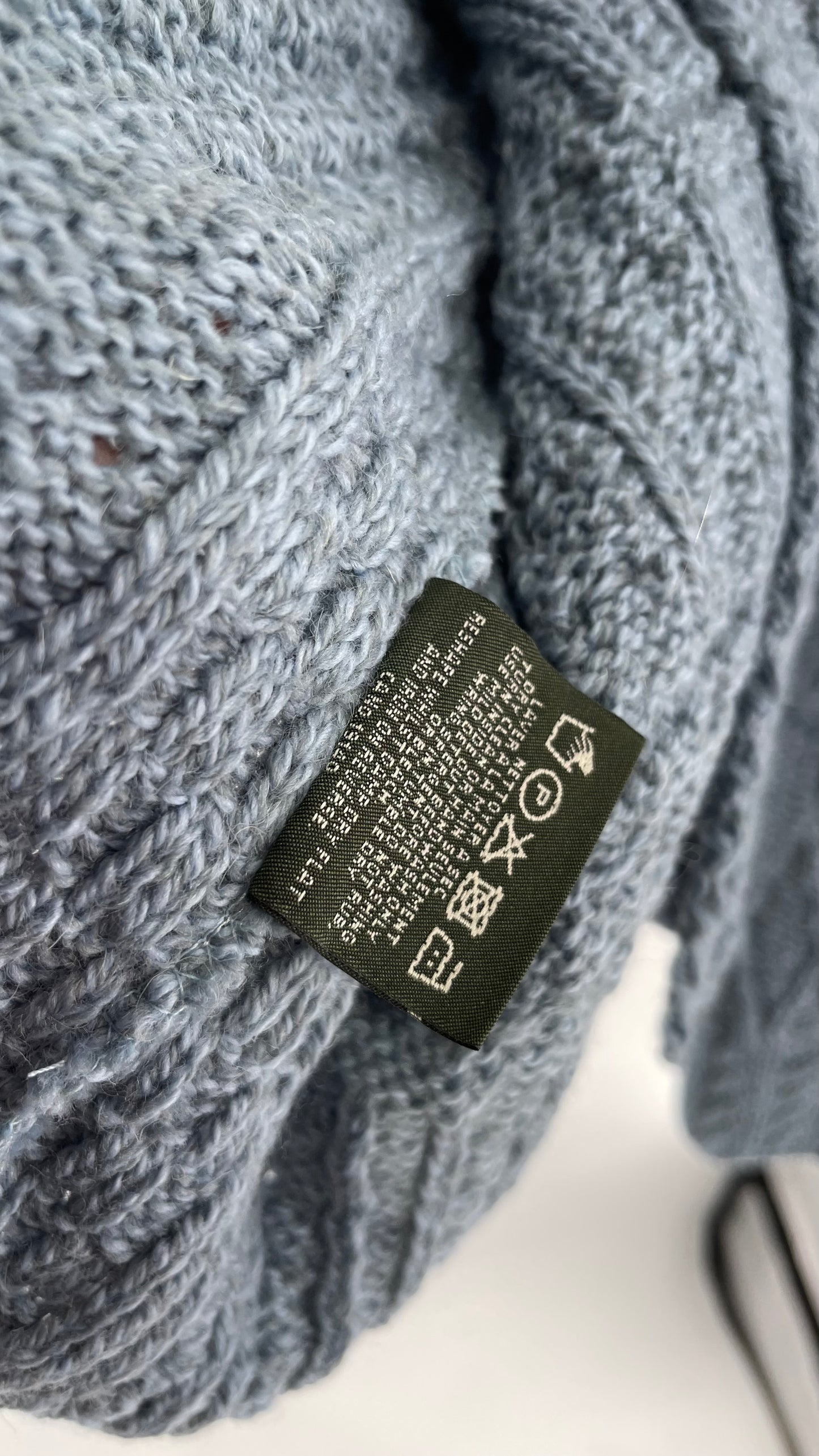 Authentic Irish Aran Sweater Market Slate Blue Aran Stitch Sweater with Oversized Wooden Button Detail and Certificate of Authenticity (Small)