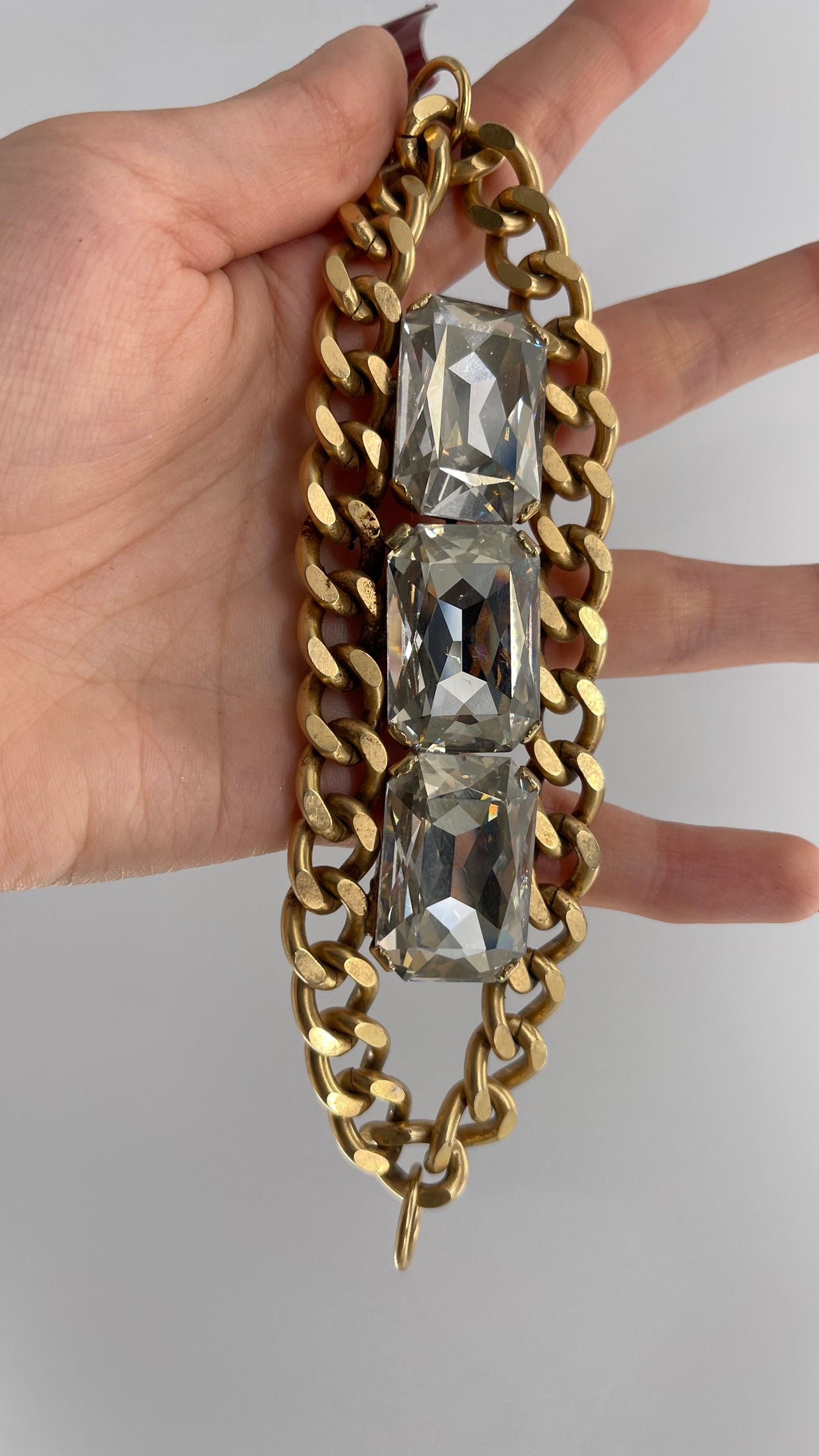 Anthropologie Gold Chain Bracelet with Oversized Rhinestone Gemstones