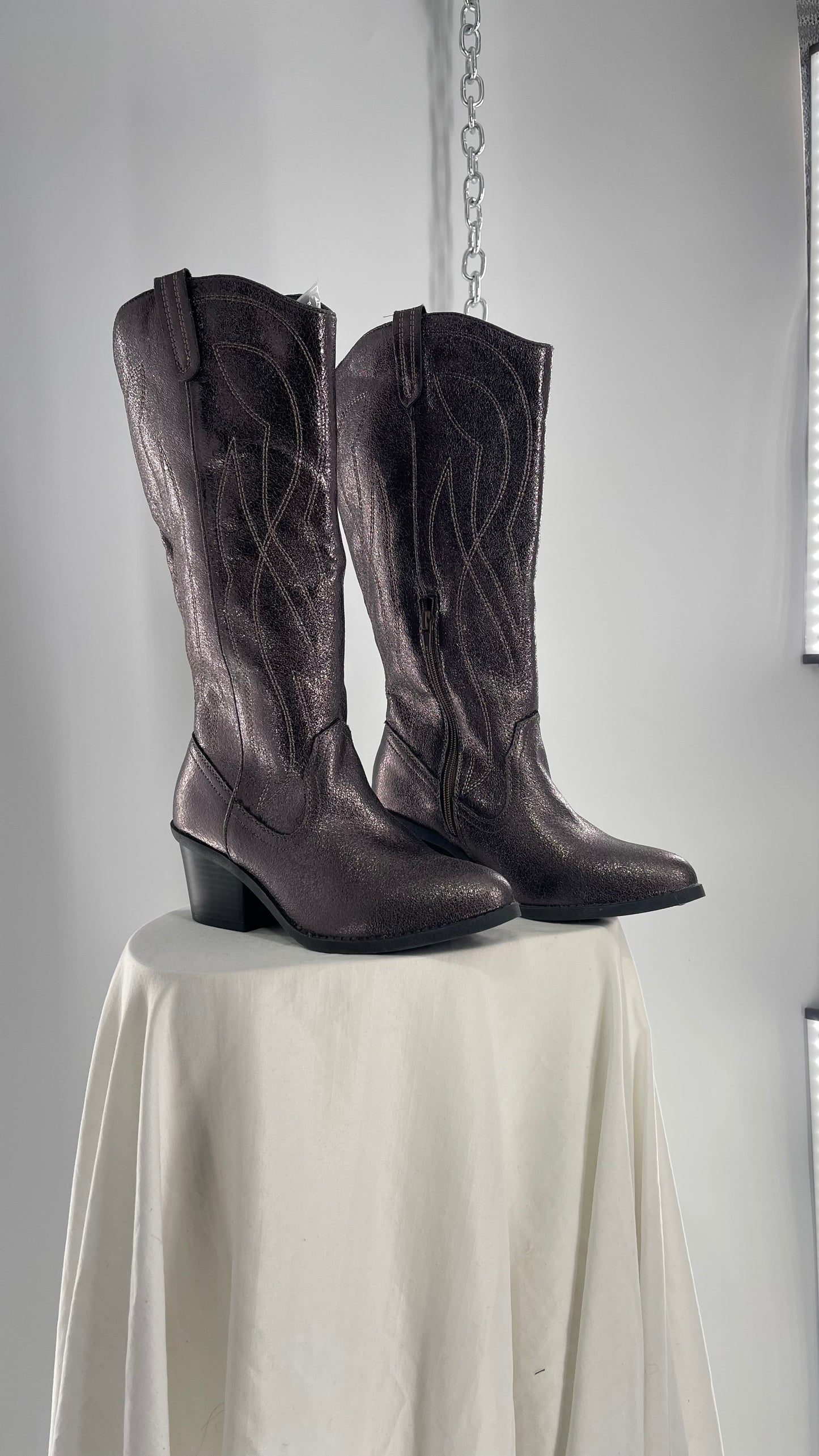 Vintage POP Metallic Silver Knee High Cowgirl Boots with Pointed Toe (6)