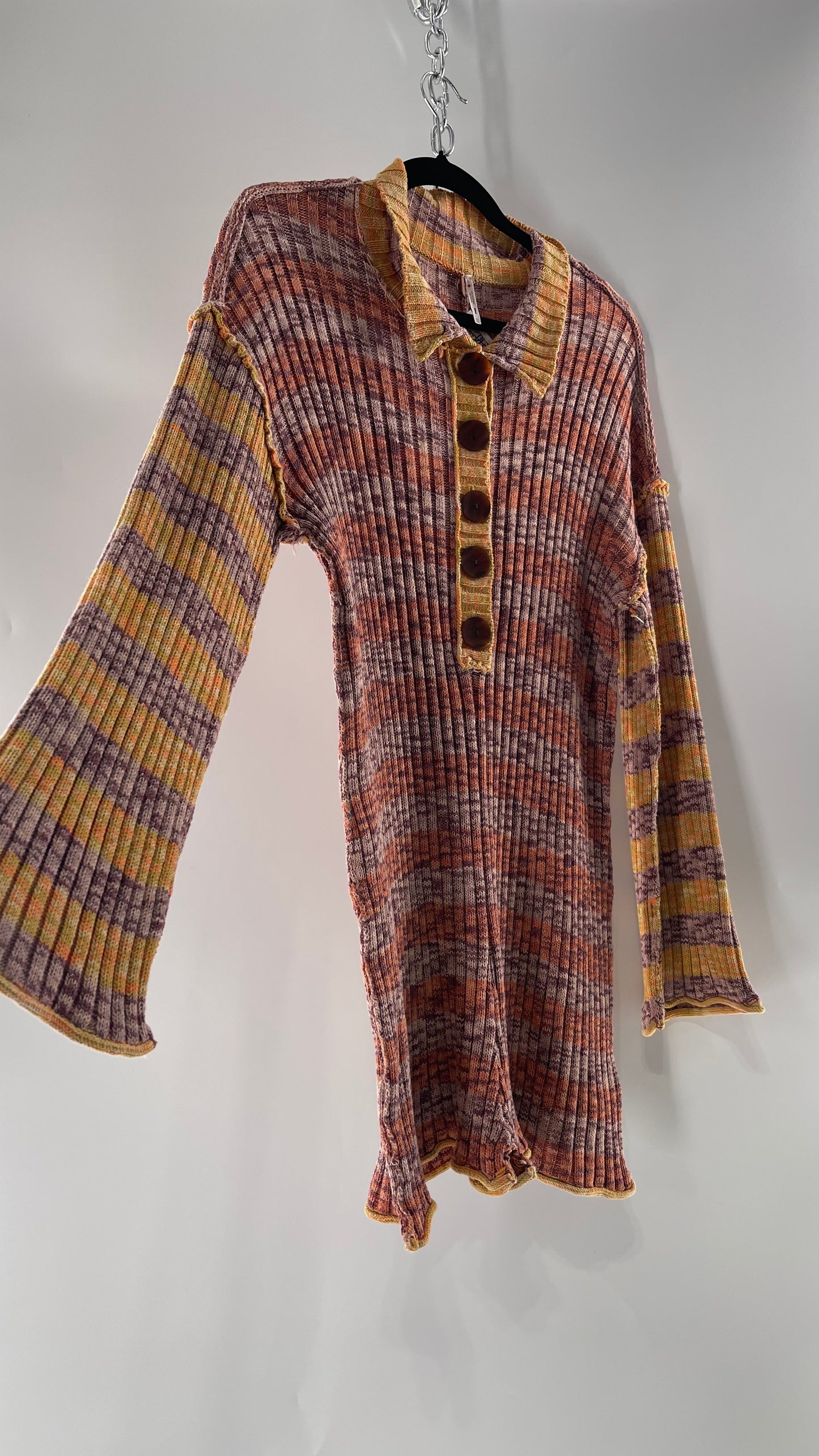 Free People Sunset Thick Knit, Collared, Brown Button Front Shorts Romper with Bell Sleeve (XS)