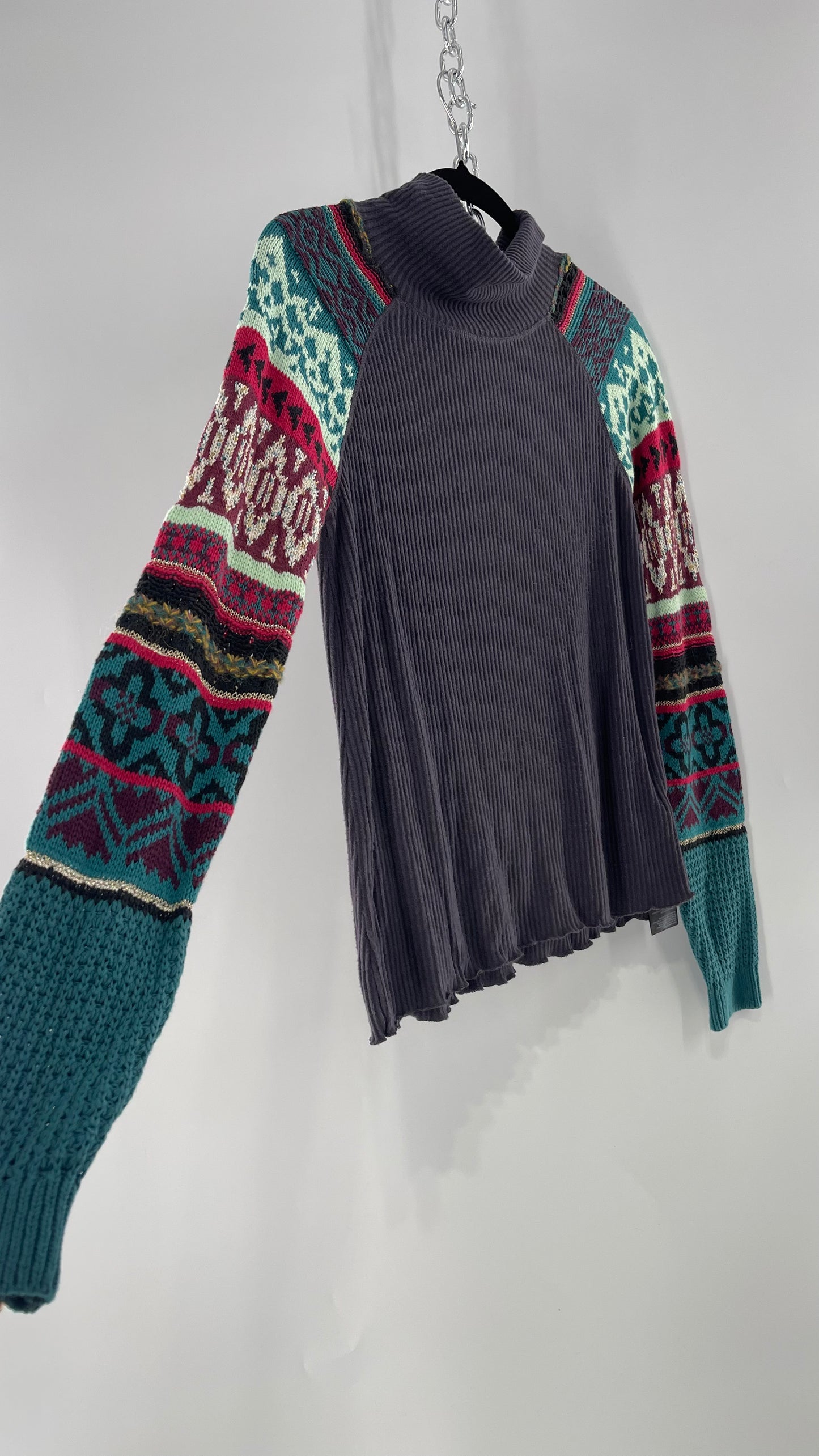 Free People Grey Cozy Knit with Colorful Patterned Knit Sleeves (Small)