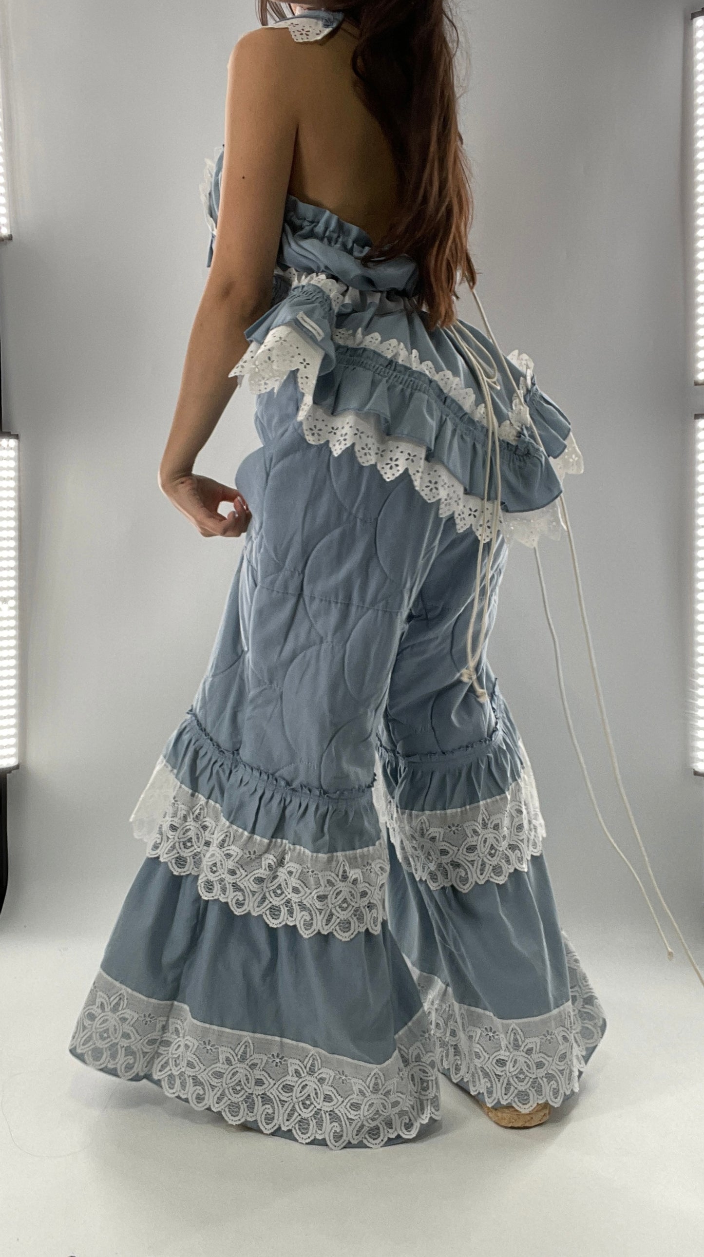 Vintage 2 Piece Powder Blue Set Featuring 2Way Blouse and Quilted Trousers Covered in Ruffles, Lace and Trim (One Size)