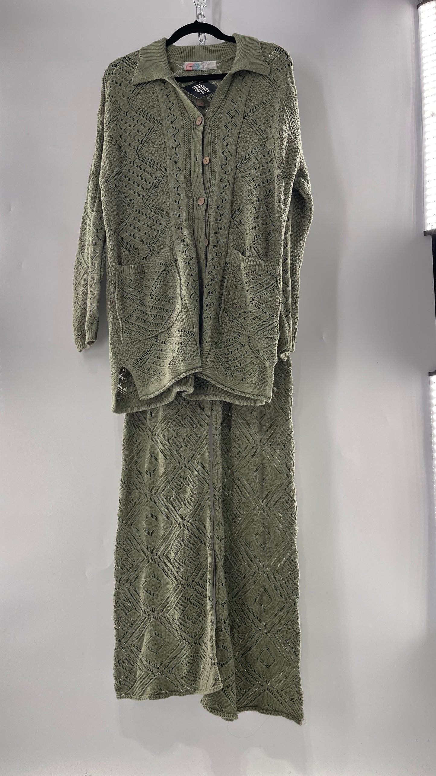 Free People Beach Sage Green Crochet Wooden Button Front Cardigan and Wide Leg Set (Medium)