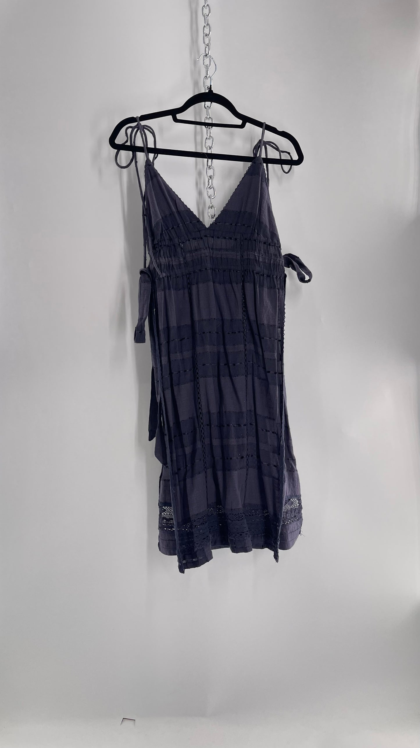 Free People Navy Blue Cotton Lace and Embroidered Open Tie Side Dress (M)