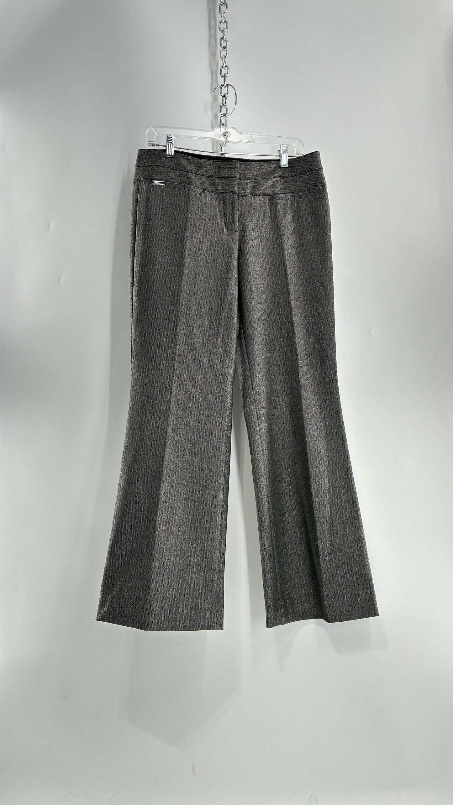 Vintage 1990s EXPRESS Editor Dark Grey Pinstripe Ultra Low Rise Thick Hip Band Kick Flares (6R)