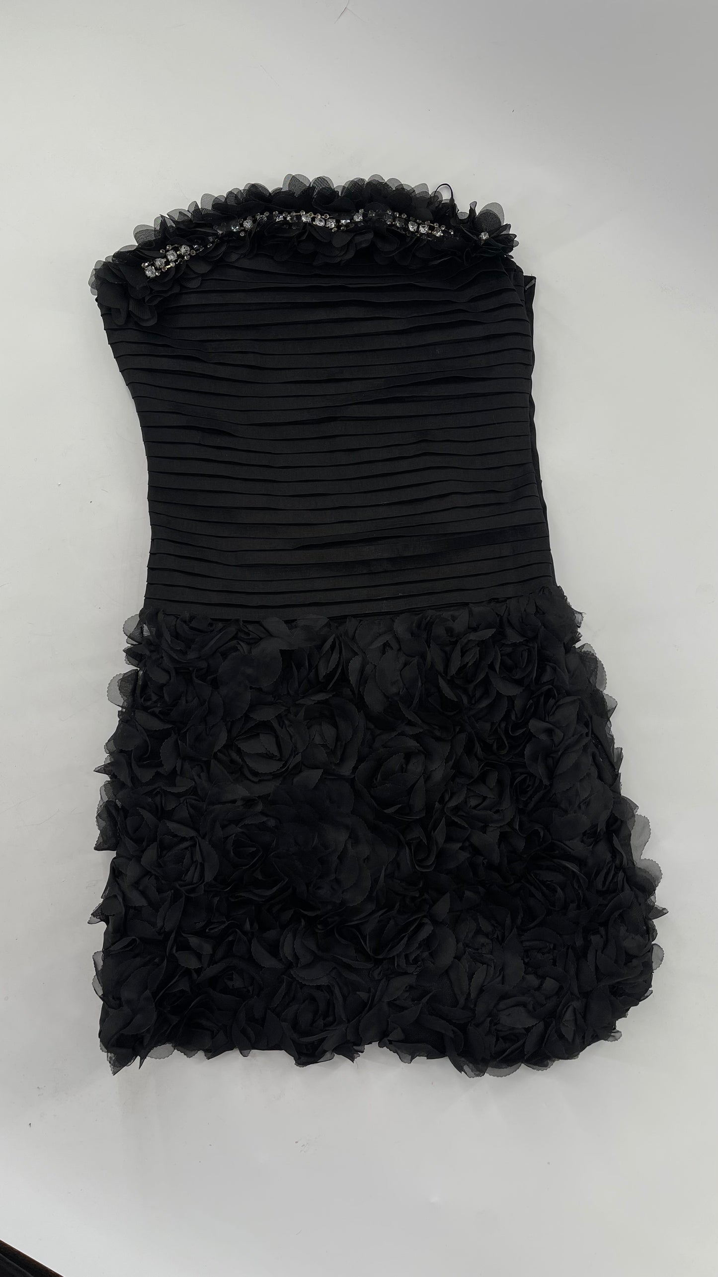 C.O:GWBG Black Dress with Pleated Bodice, Floral Ruffled Skirt and Bedazzled Bustline (S/M)