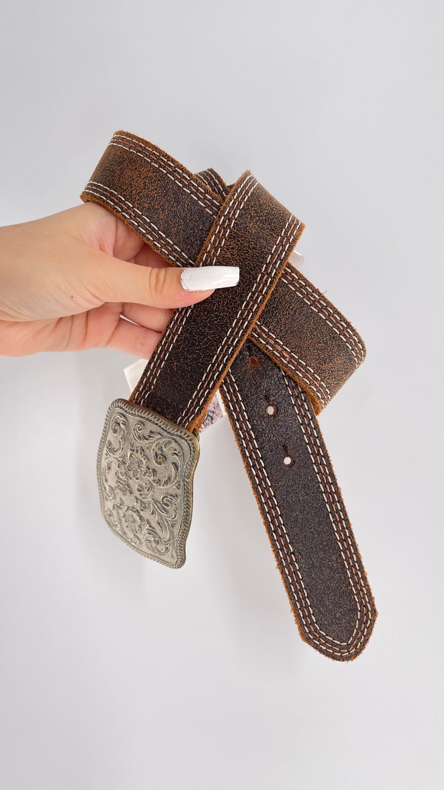 Vintage Belt Shak Brown Leather Belt with Stitching and Embossed Silver Metal Buckle (M)