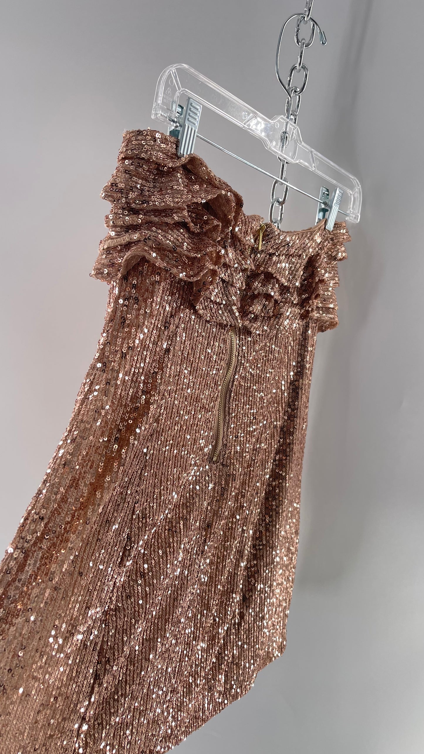 Free People Rose Gold Sequin Mini Dress with Ruffled Bust and Statement Back Zipper (4)