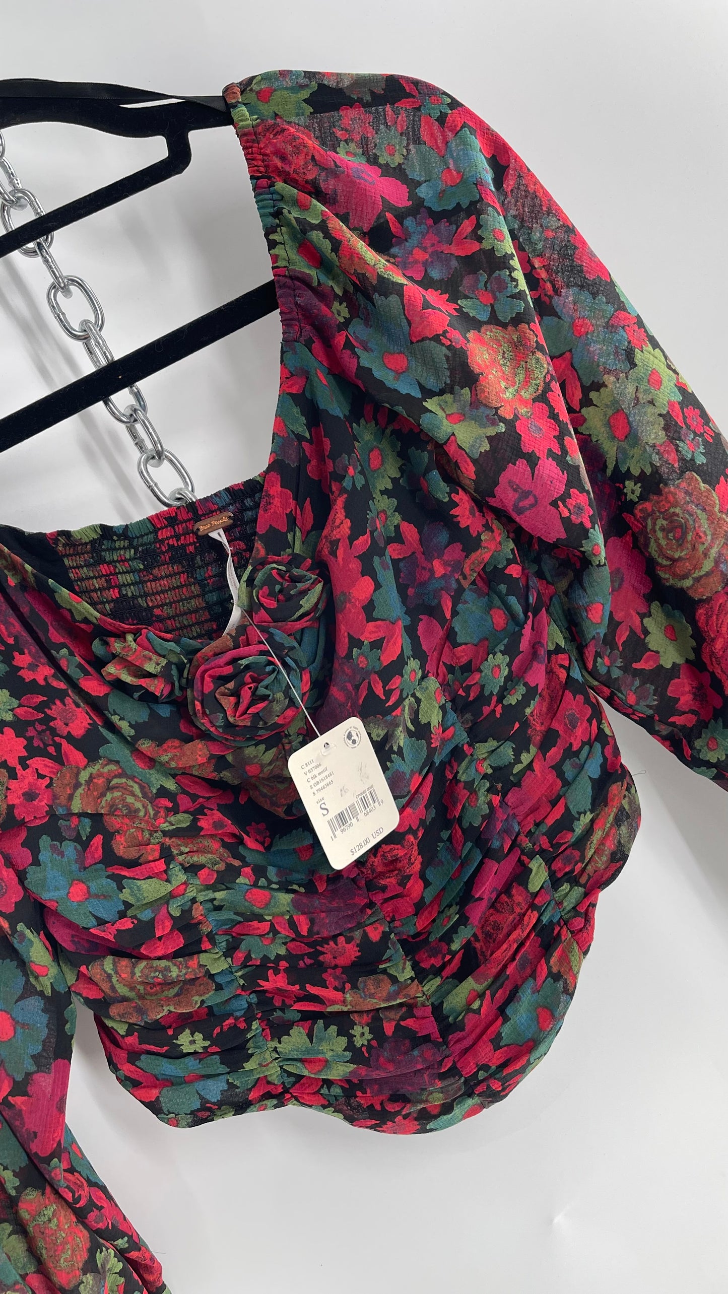 Free People Cropped Floral Blouse with Ruched Body, Balloon Sleeves and Appliqué Rosette Bustline with Tags Attached (Small)