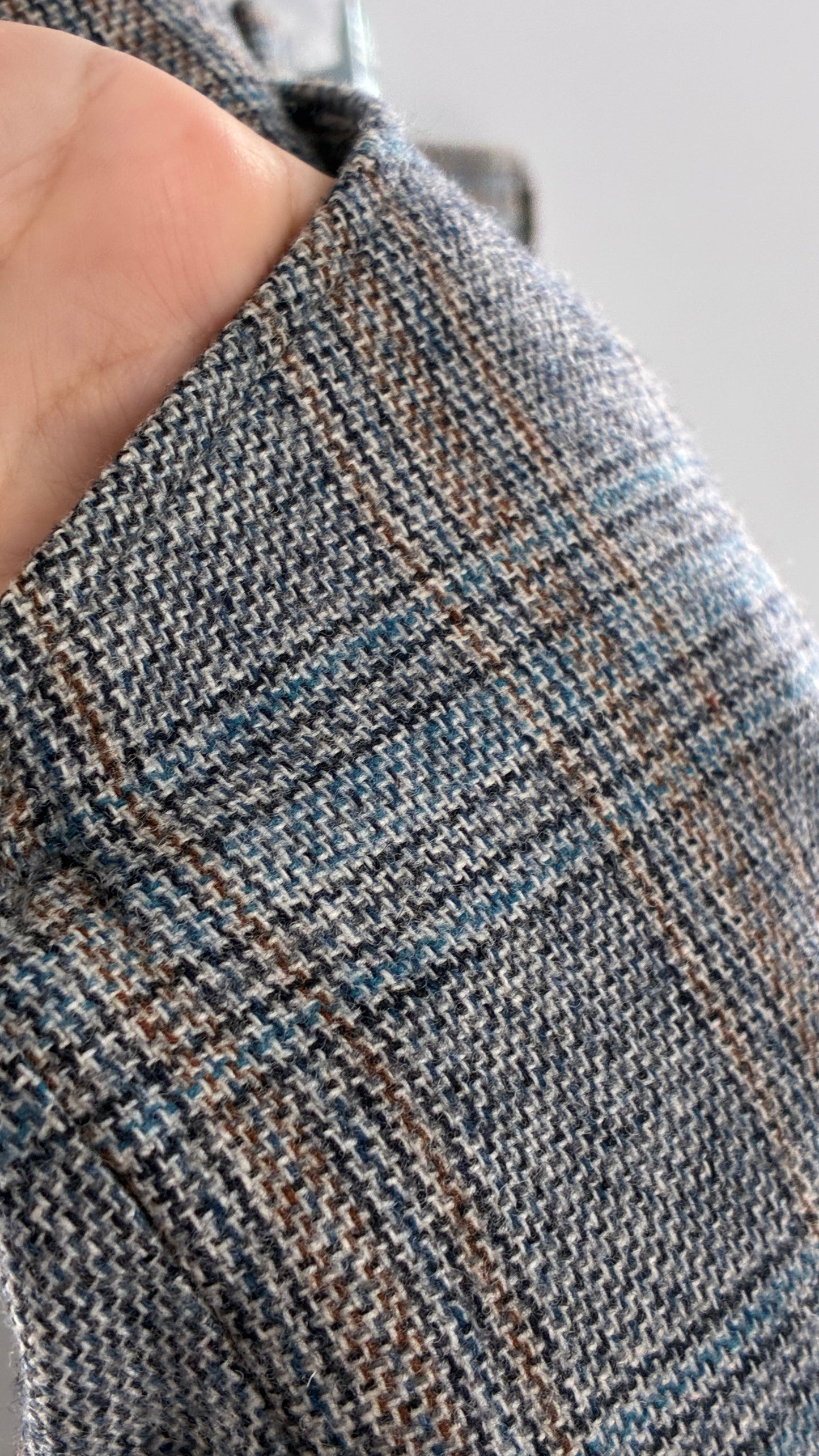 Vintage Handmade Wool Blend Woven Men’s Tailored Trousers with Grey Blue Plaid Pattern (35x32)