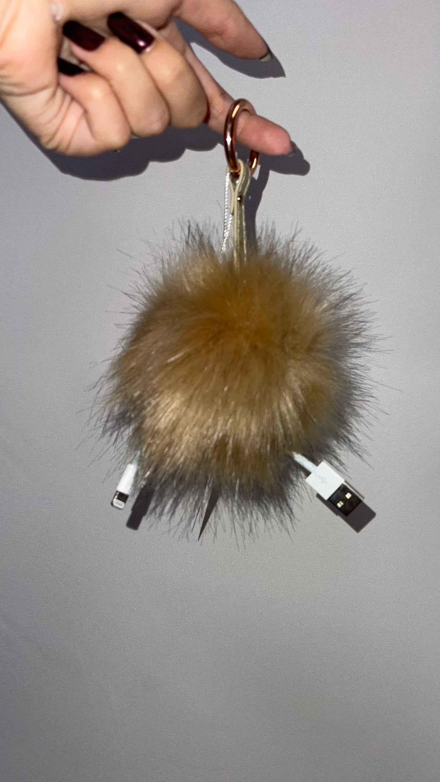 Free People Tan Fur Pom Pom Keychain with Charging Port
