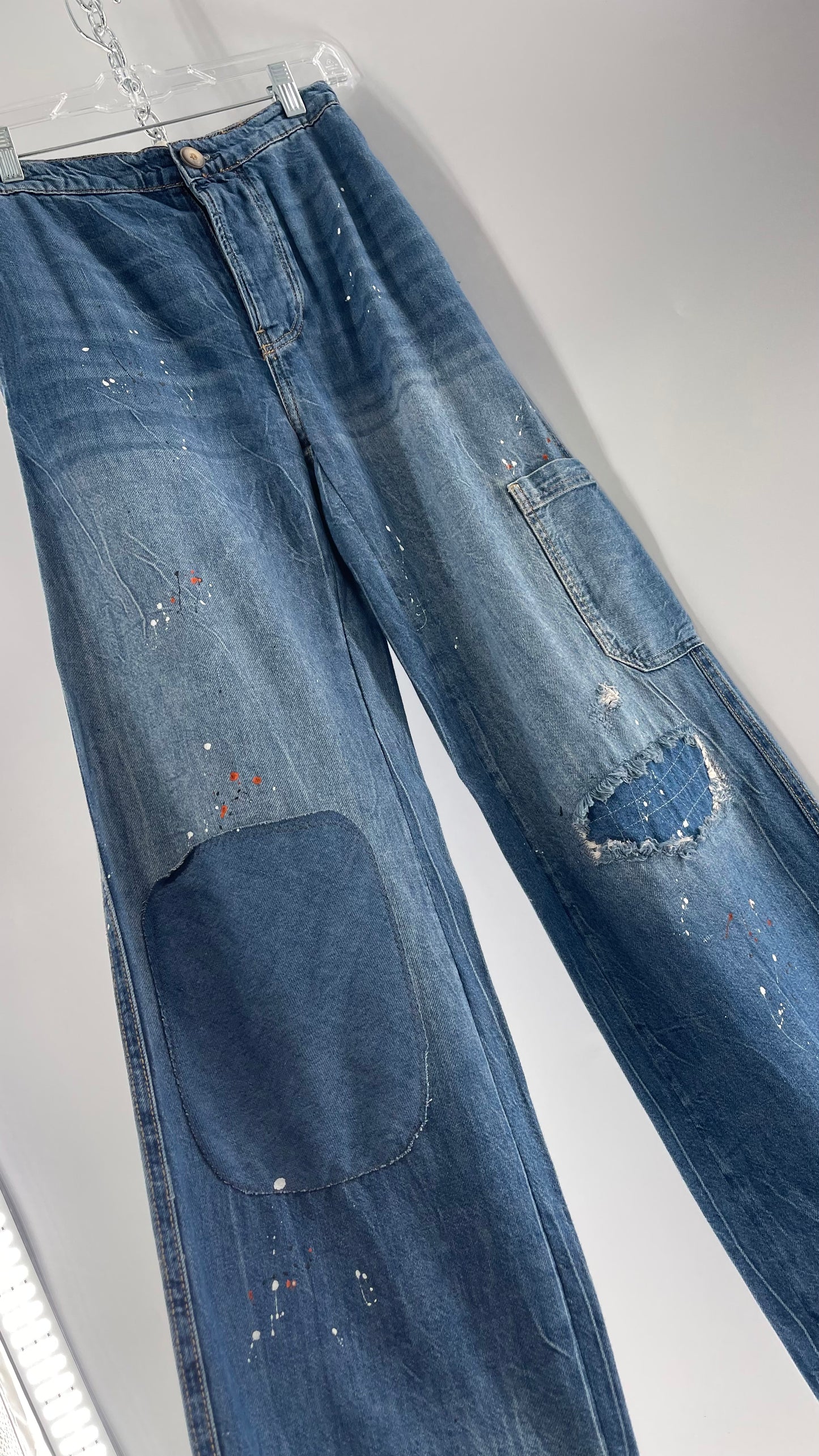 Free People Paint Splash Cargo/Carpenter Starving Artist Slouchy Medium Wash Jeans (24)