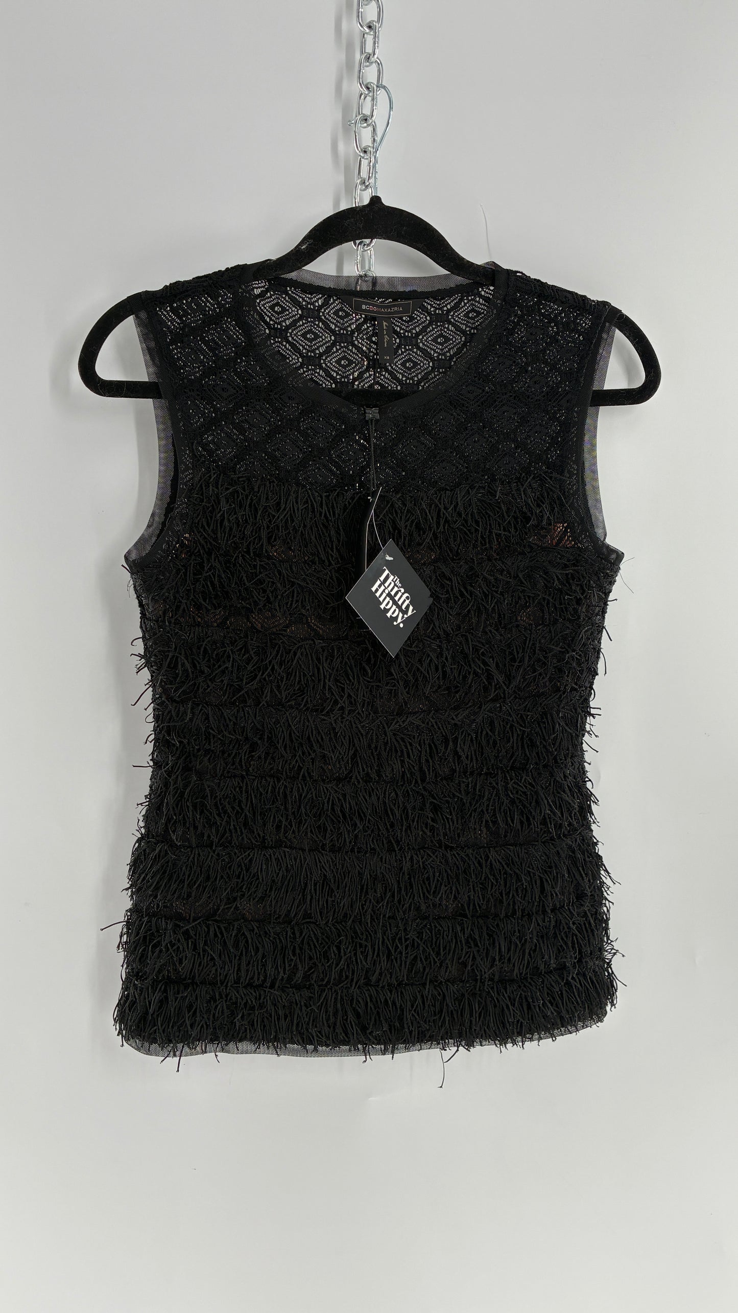 Deadstock Vintage BCBG MAXAZRIA Auden Black Fringe And Lace Top (XS)