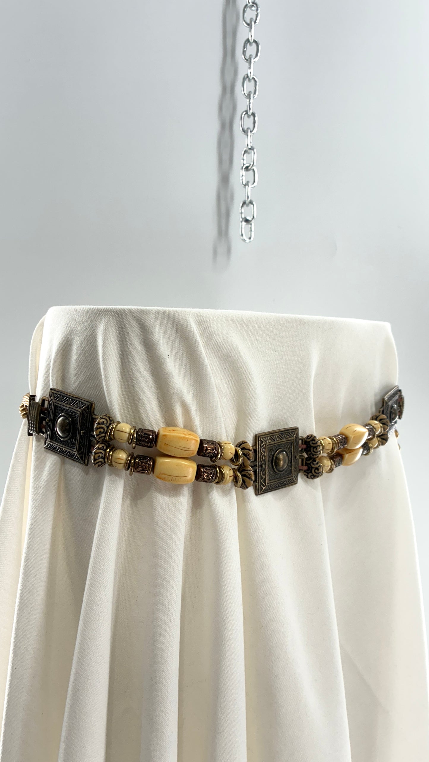 Vintage Beaded Chain Belt with Metal Square Medallions