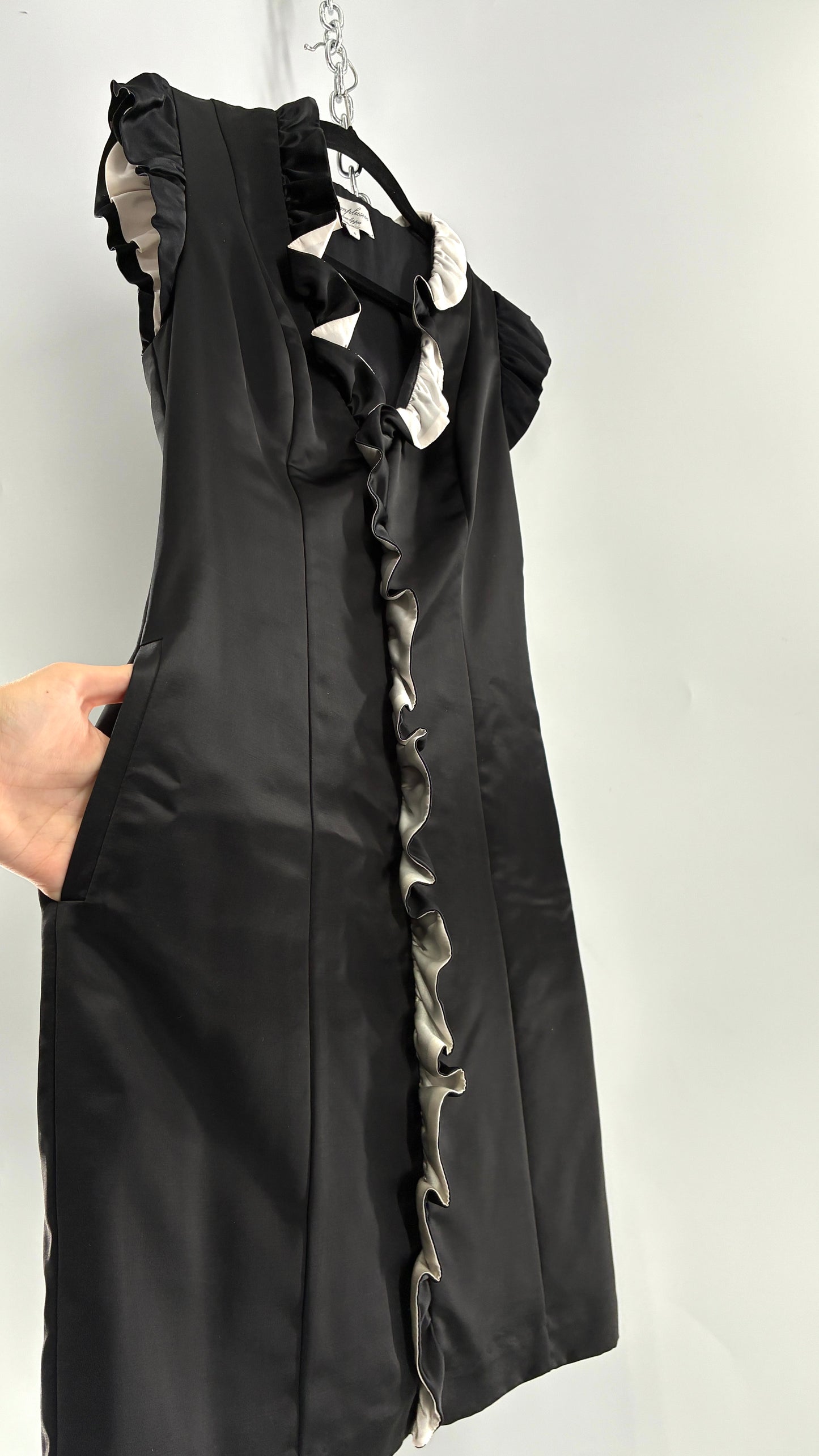 Vintage ADAM PLUS EVE Adam Lippes 58% Wool Black Paneled, Tailored Dress with White Ruffles (6)