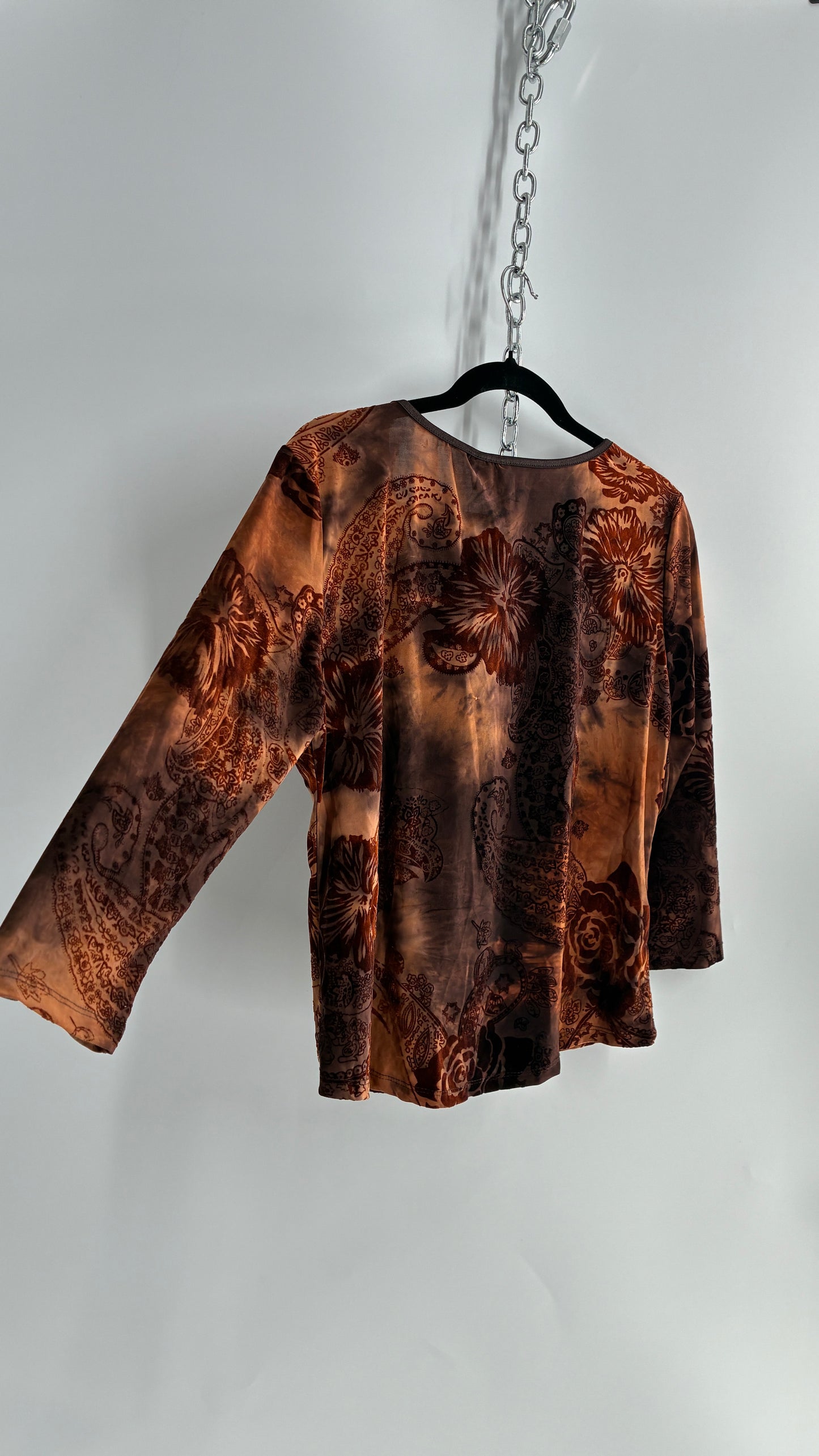 1990s Vintage SAMI + JO Velvet Burnout Brown and Orange Top (XL)