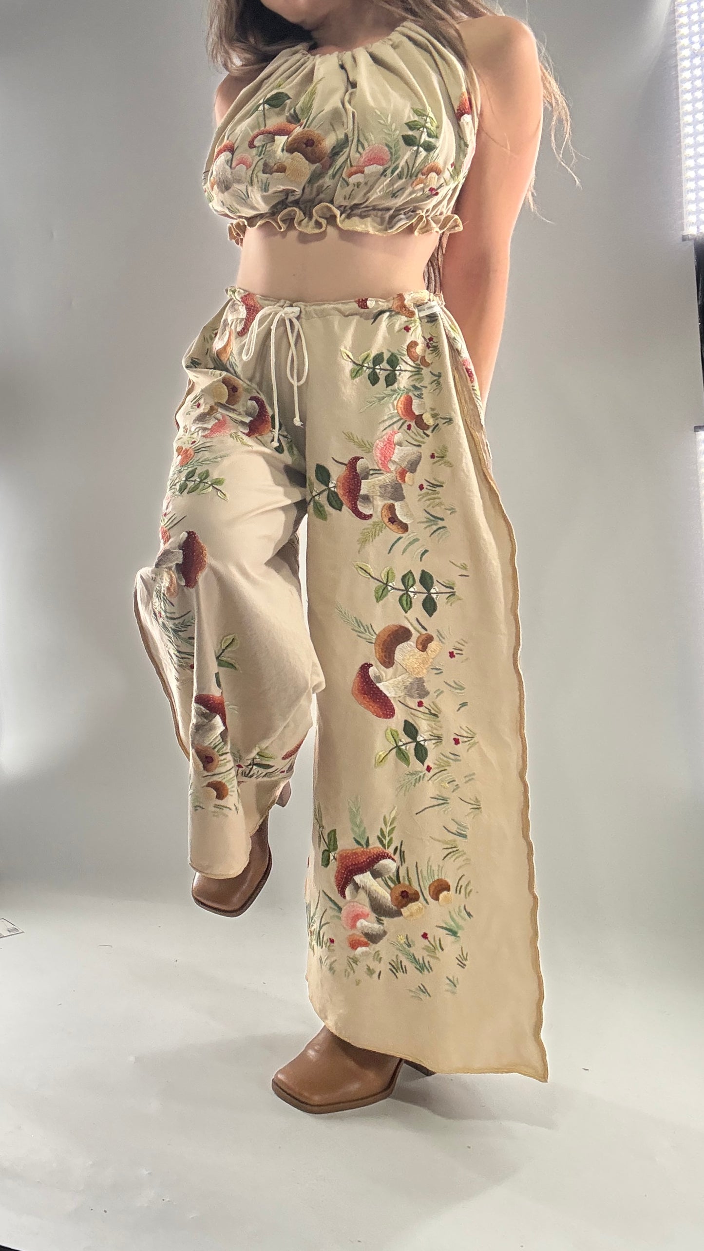 Vintage Custom Handmade and Hand Embroidered Two Piece Set with Mushrooms, Vines, and Ladybugs (XS-L)