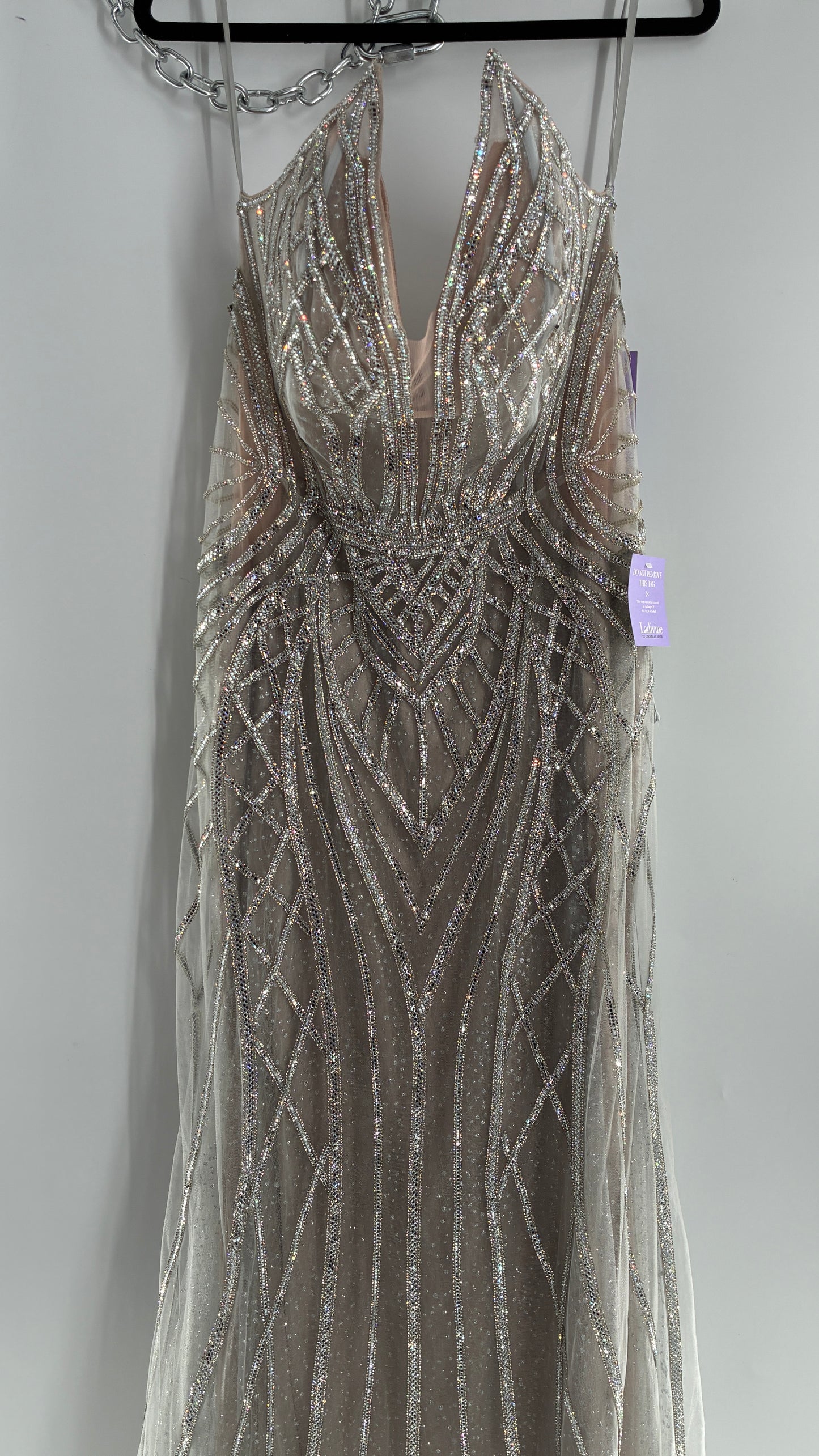 NWT LADIVINE by Cinderella Divine Silver Nude CC6018 Mermaid Corseted Gown with Multiple Layers of Tulle, Covered in Crystal Strips (16)
