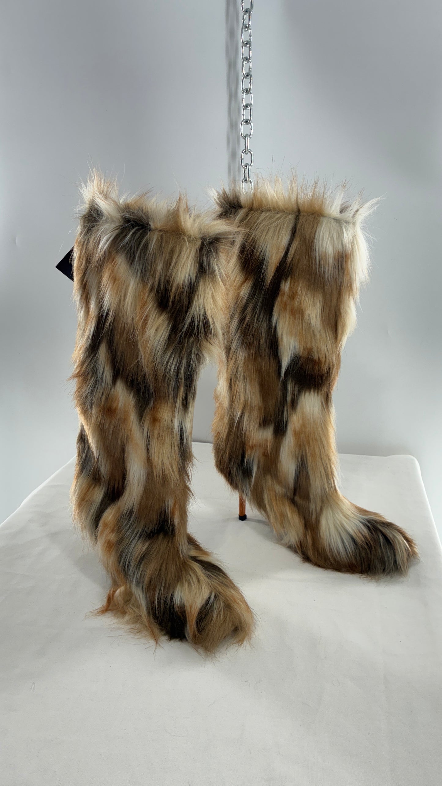 Vintage Mixed Tone Vegan Fur, Knee High, Pointed Toe Boots (43)