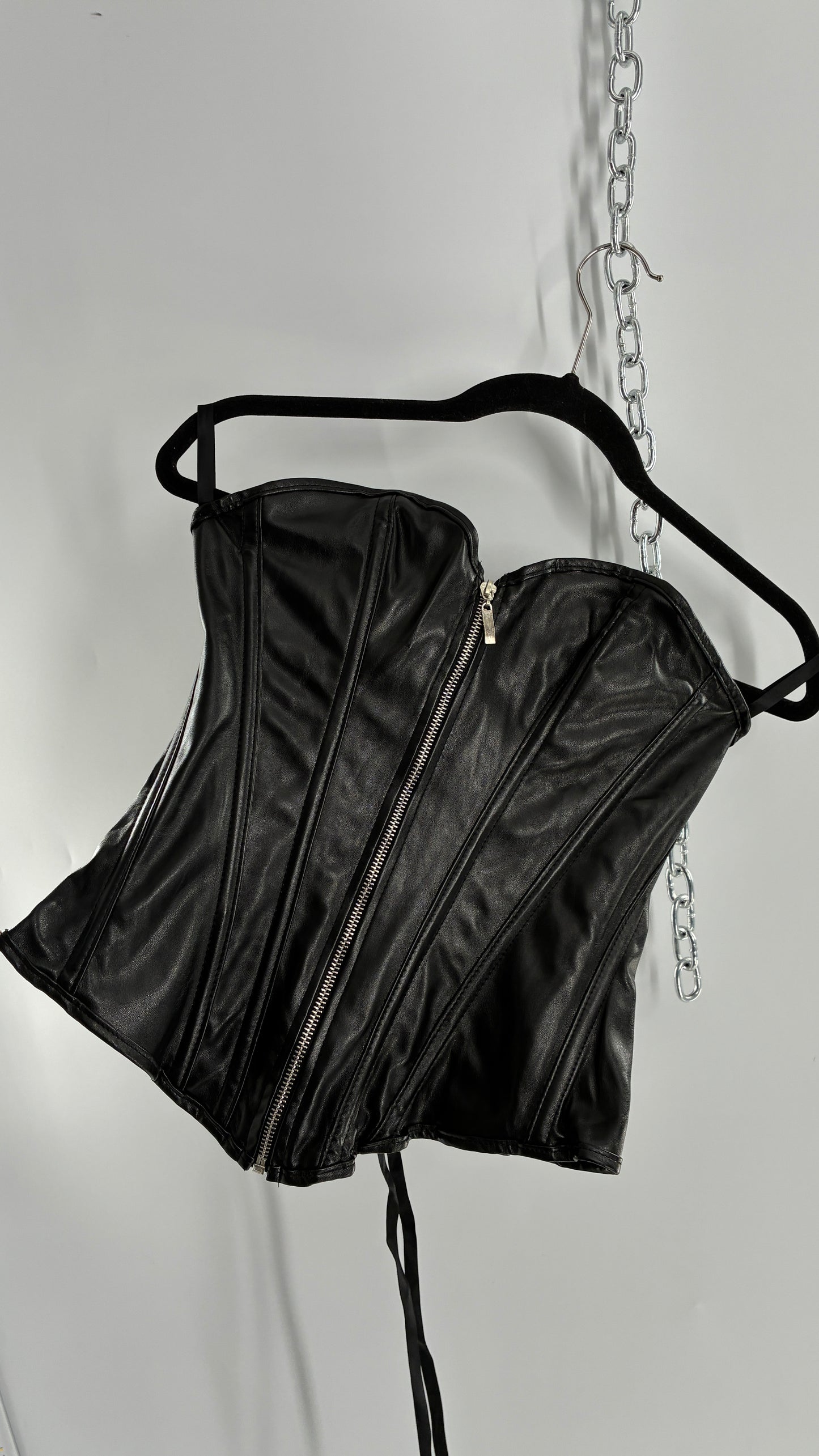 Black Vegan Leather Zip Front Corset (Medium)