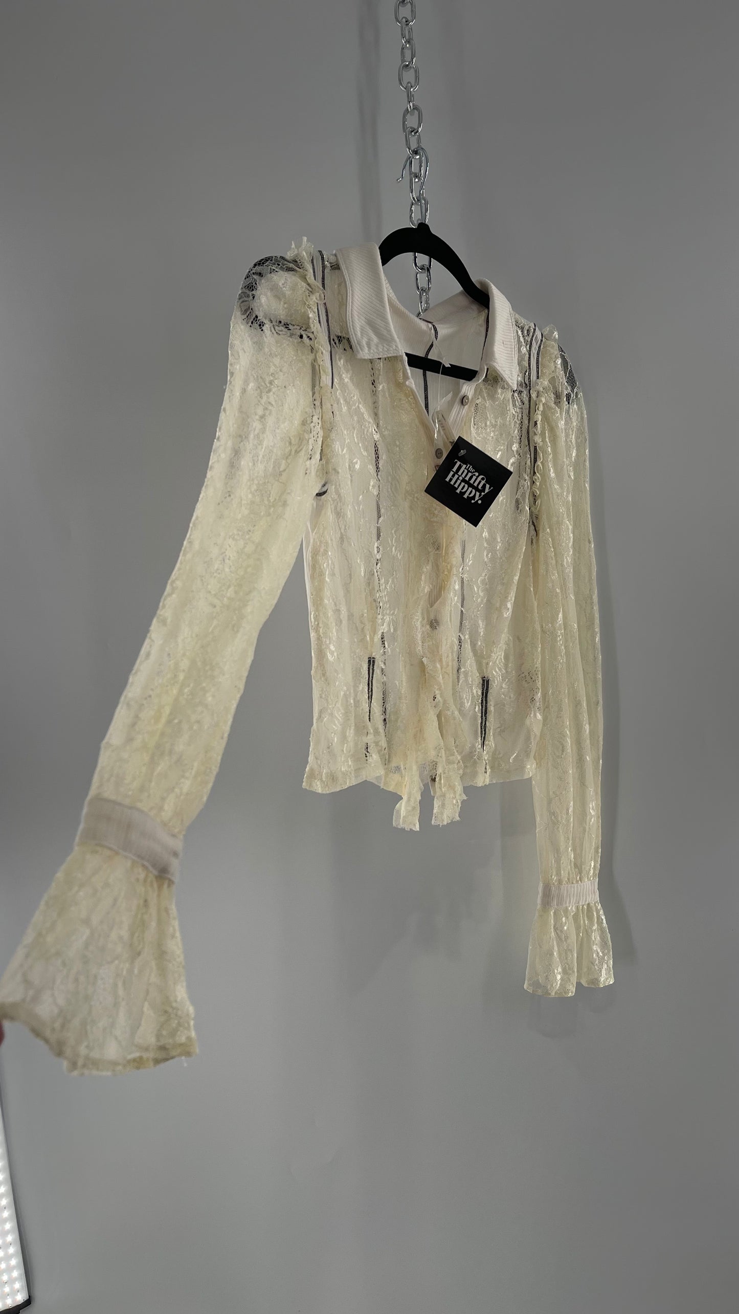 Free People White Lace/Ribbed BodyCon Button Up with Tags Attached (Large)