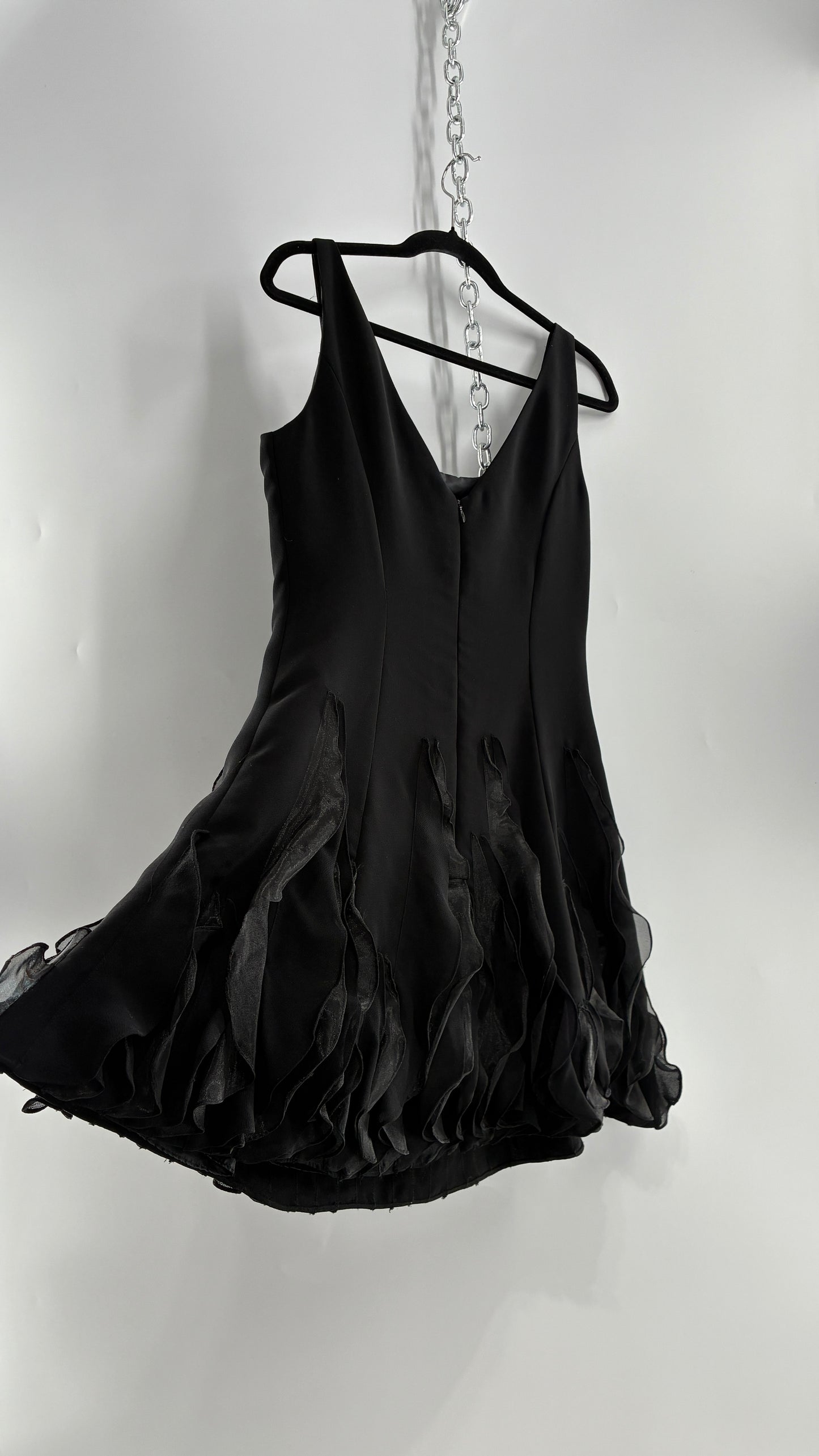 Vintage JS BOUTIQUE Black Structured Petite Mini Dress with Ruffled Hem (10P)
