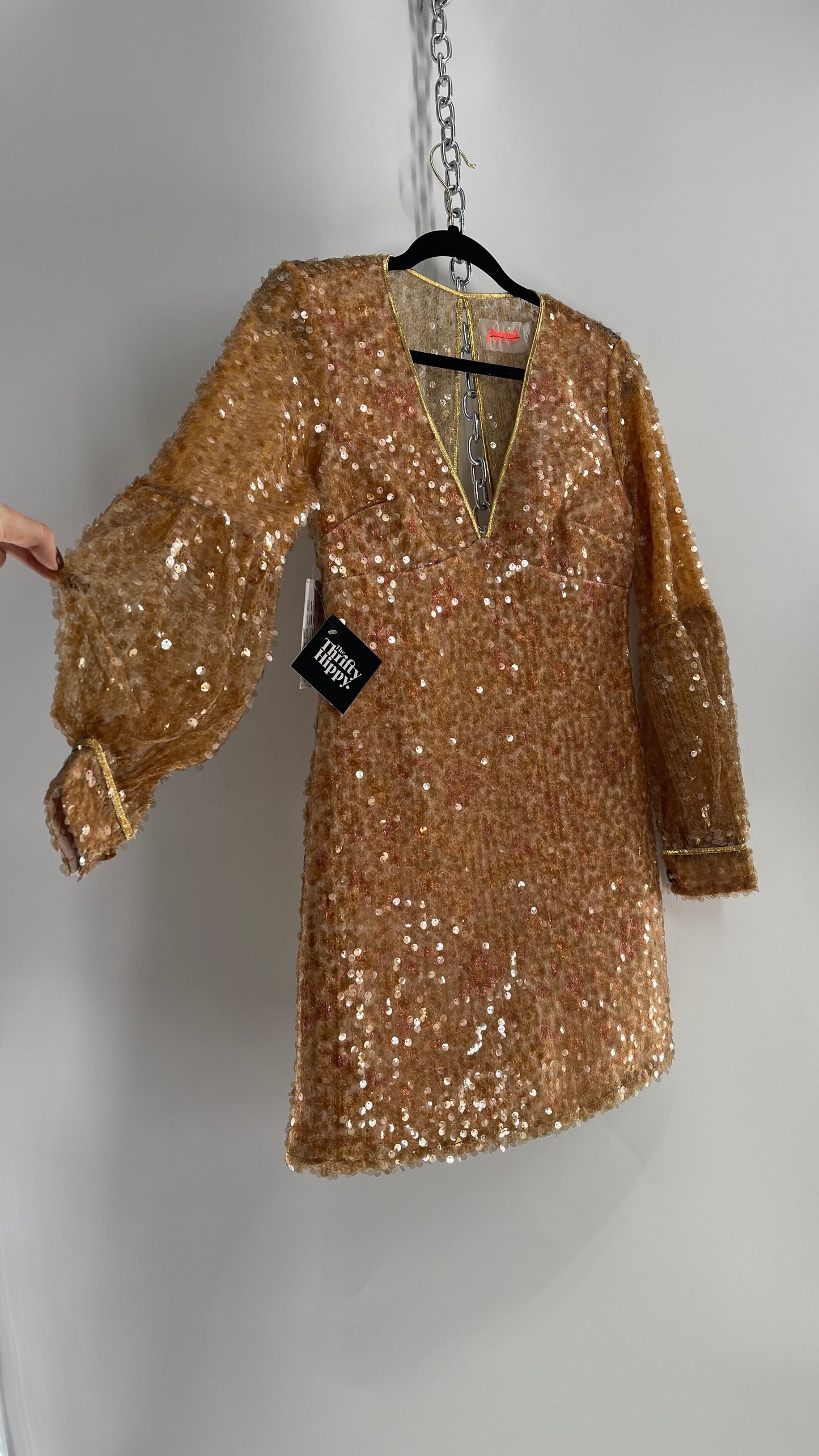 Free People Tapestry Underlay and Gold Sequin Overlay A-Line Mini Dress with Bubble Sleeves
(2)