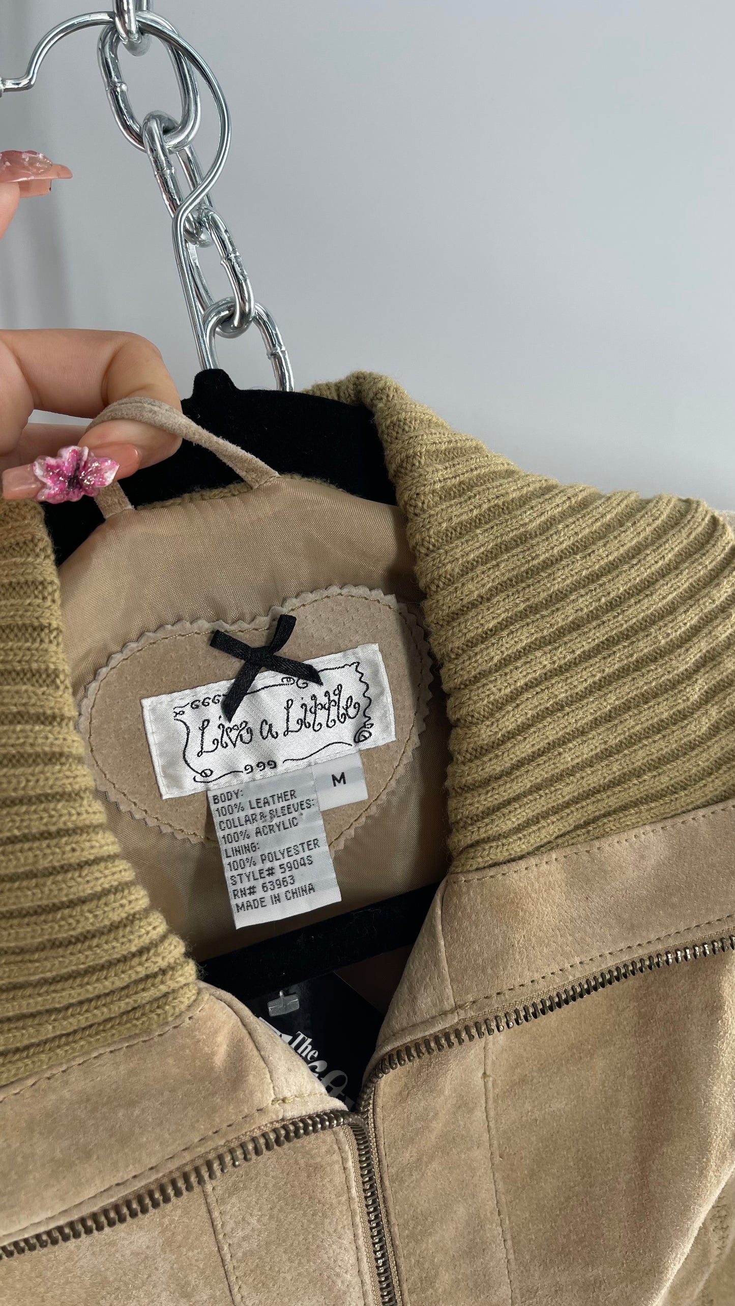 Live a Little Beige/Tan Suede Jacket with Ribbed Knit Sleeves and Collar (Medium)
