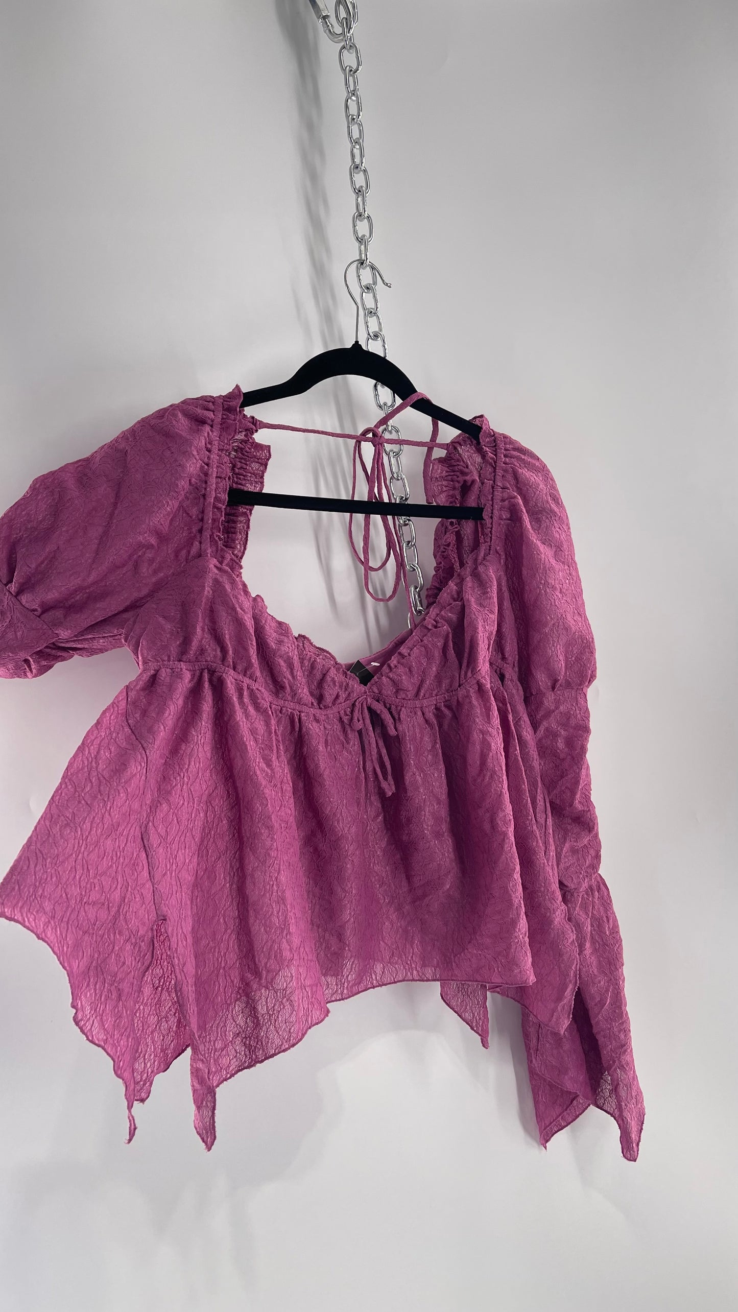 Urban Outfitters Purple Lace Blouse with Handkerchief Slit Hem, Princess Fairy Sleeves, Ruffle Trim Bust and Low Back (Large)