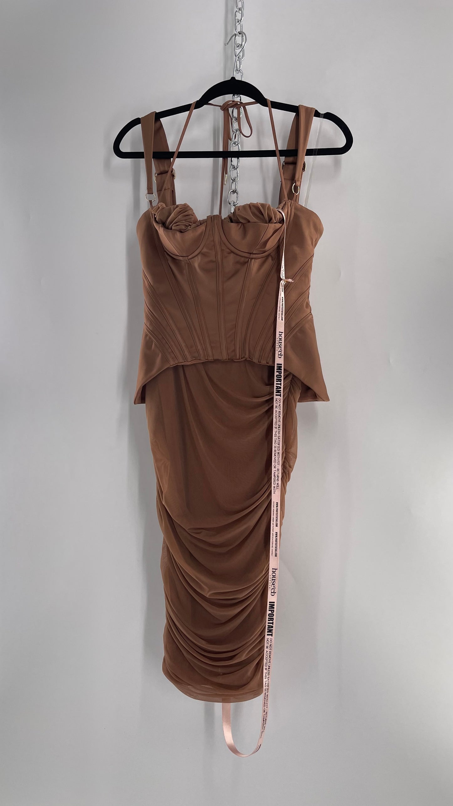 House of CB Talya Toffee Satin Corset Midi Dress with Ruched Skirt (Medium)