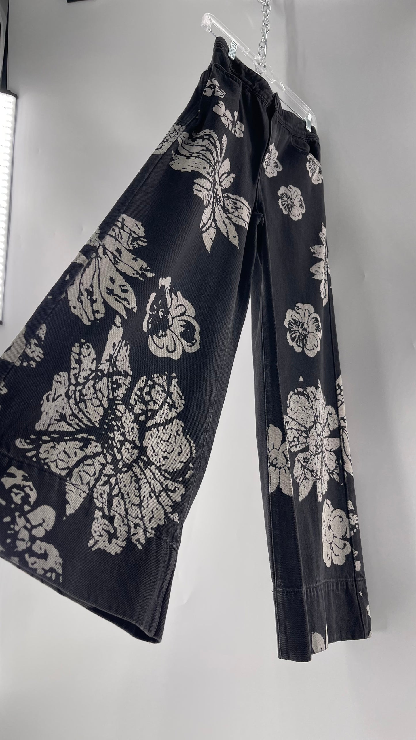 Free People Black Wide Leg Jeans with White Hibiscus Floral Design (29)
