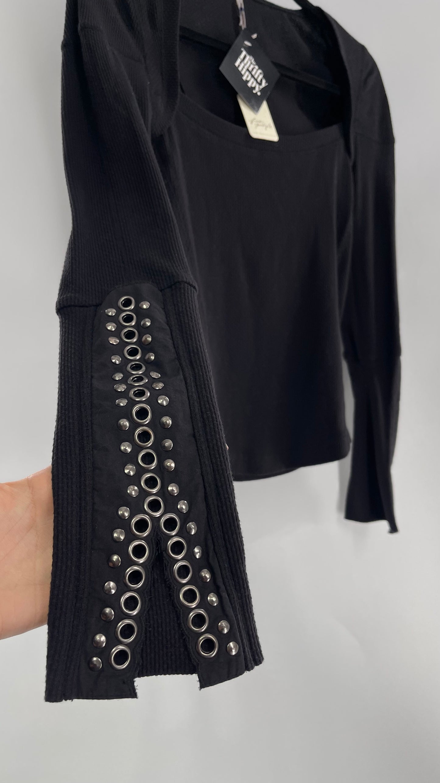 Free People Black Henley with Grommet and Studding Sleeve Cuff Tags Attached (XS)