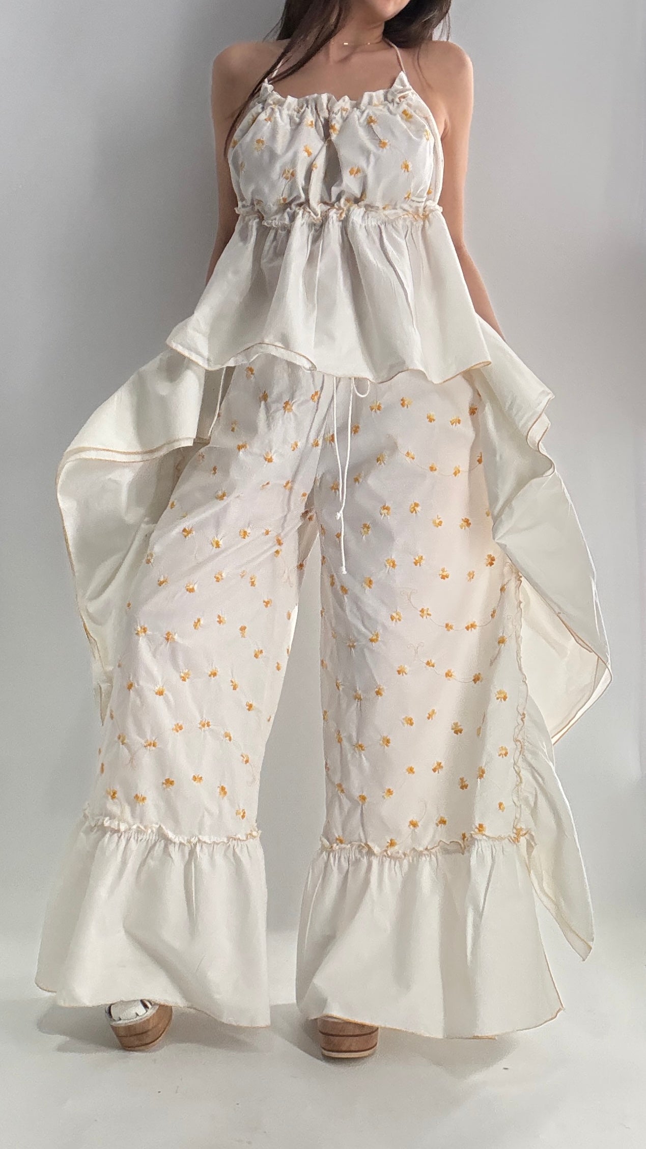 Vintage Handmade Angeline 2pc Set with Ruffled Pant, Embroidered Daisy Pattern, and Bustier Camisole with Adjustable Drawstring Bustline and Waistline (XS-L)