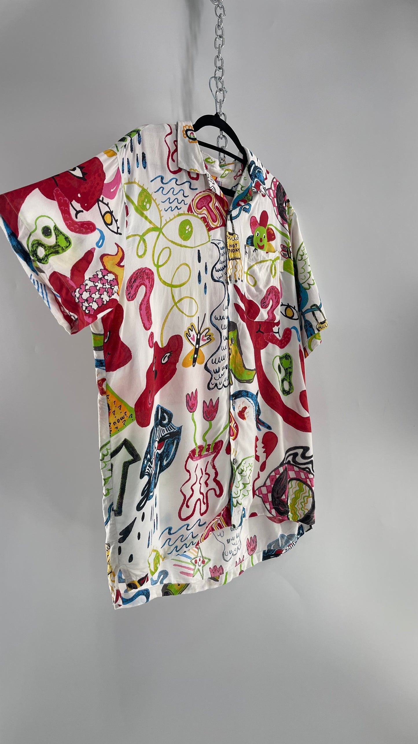 Urban Outfitters Happy Days Colorful Doodle Button Up (Large)