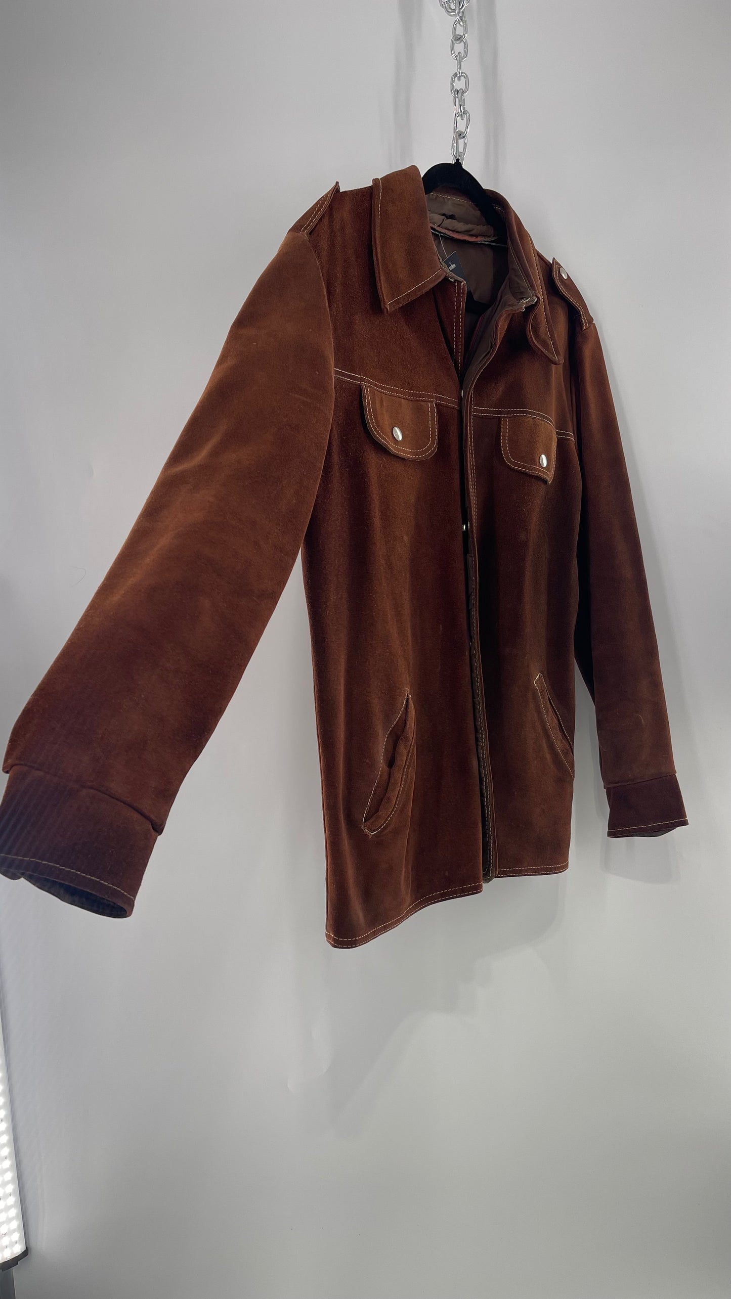 Vintage Brown Suede Jacket with Contrast White Stitching (C)(Large)