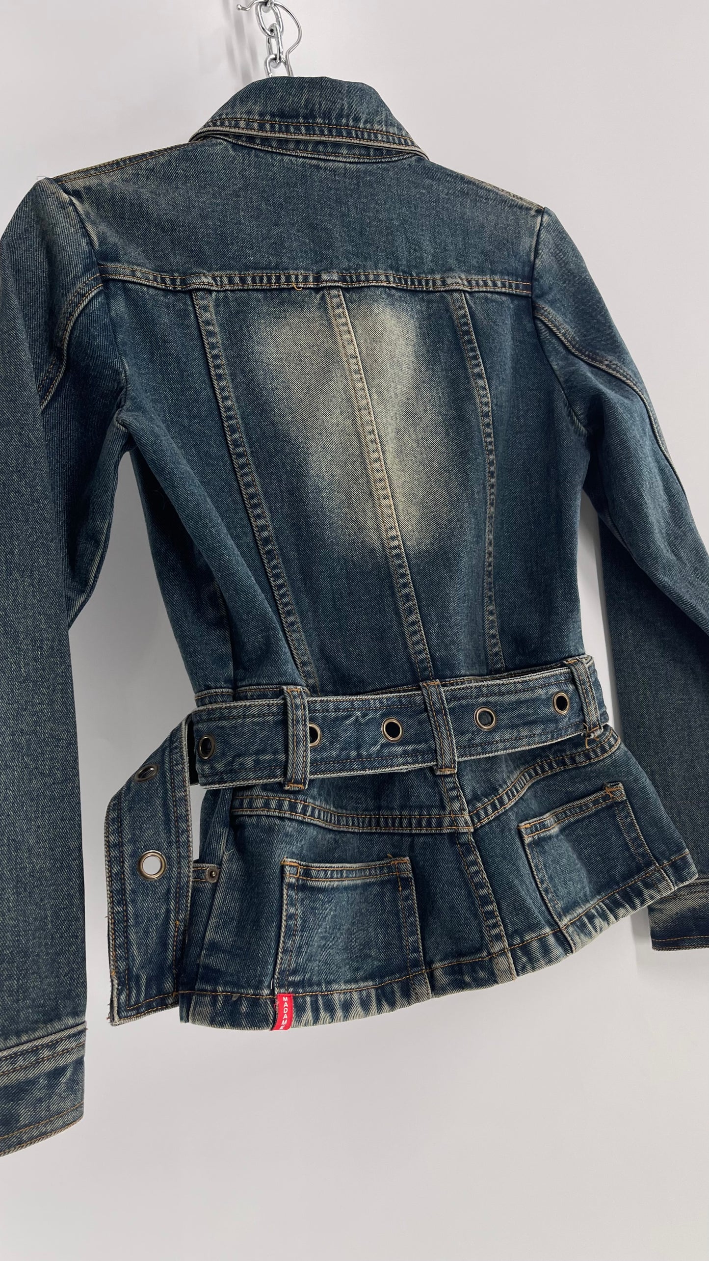 Vintage Madame Denim Culture Medium Wash Fade Jacket with Waist Belt and Back Pocket Details (Medium)