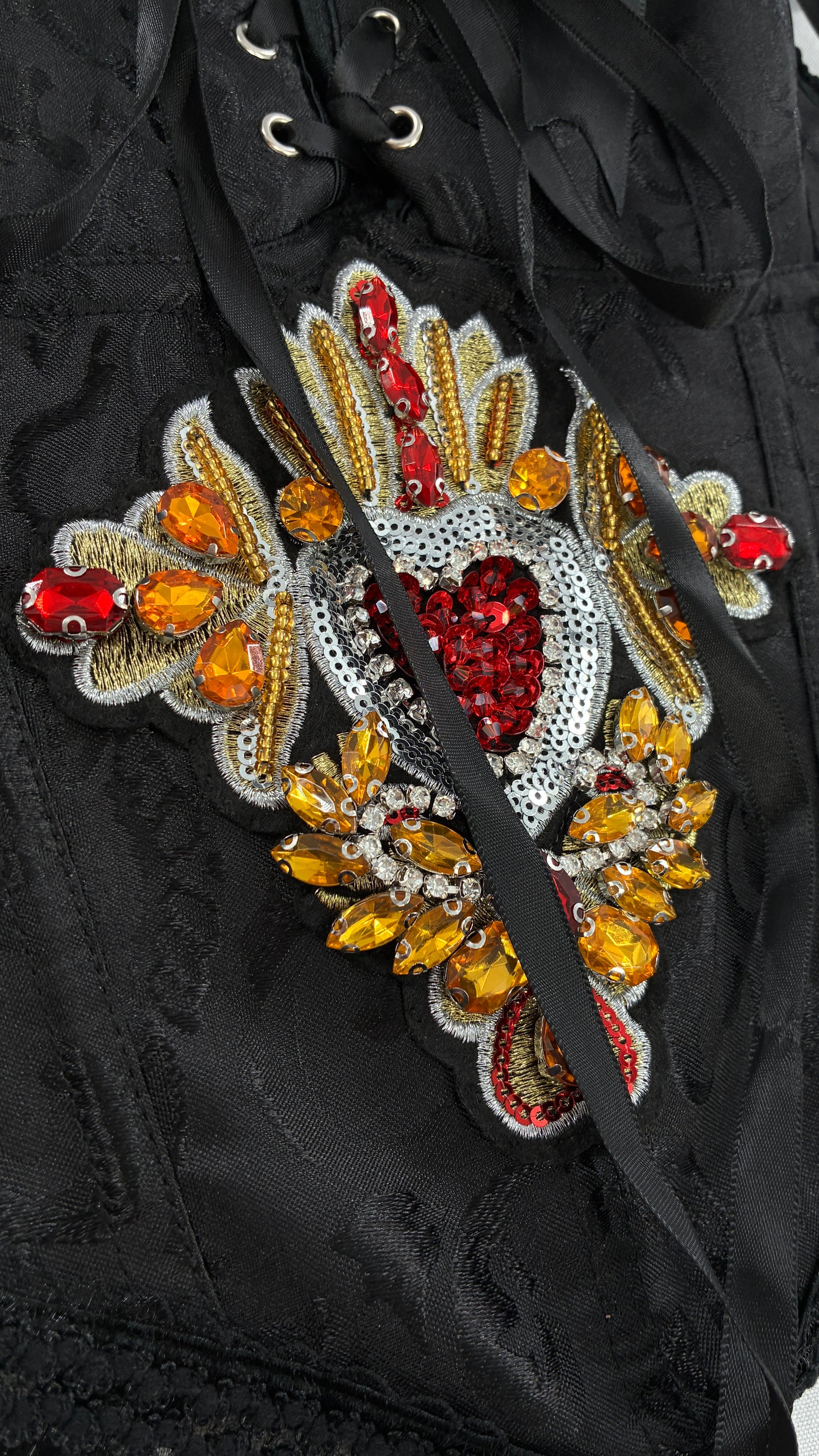 Custom Black Jacquard Corset, Handmade with Heart Appliqué, Bows, Embroidery, Gemstones, Lace and Ruffles (S/M)
