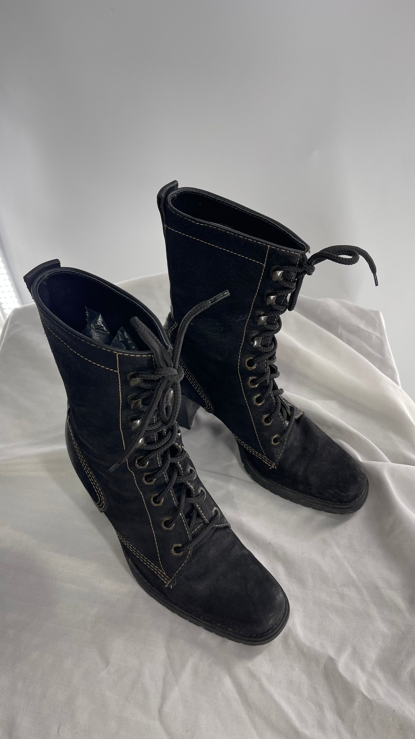Vintage Nine West Leather Black Lace Up Combat Boots (7)
