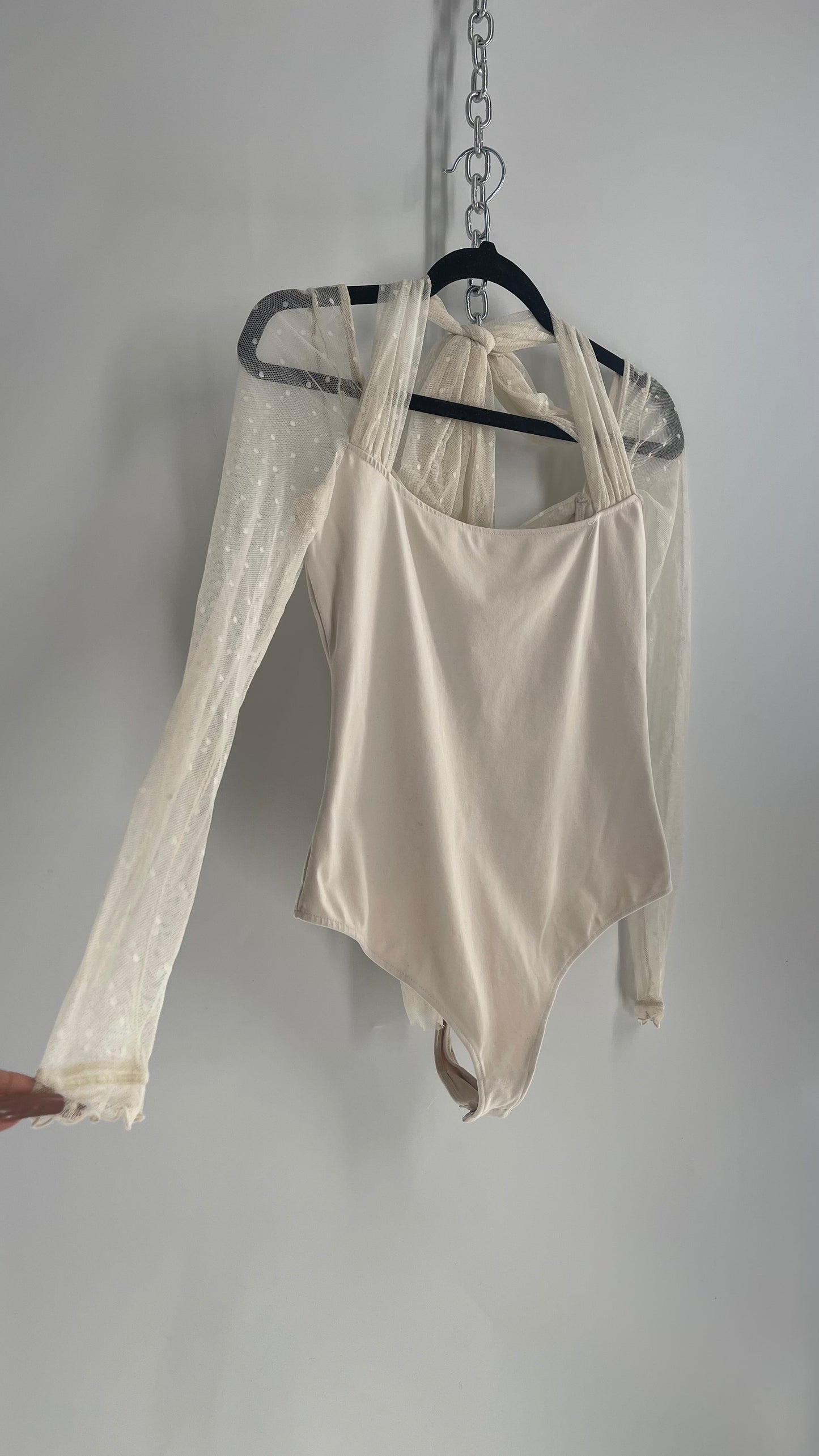 Intimately Free People Cream Bodysuit with Mesh Polka Dot Sleeves and Straps (Medium)