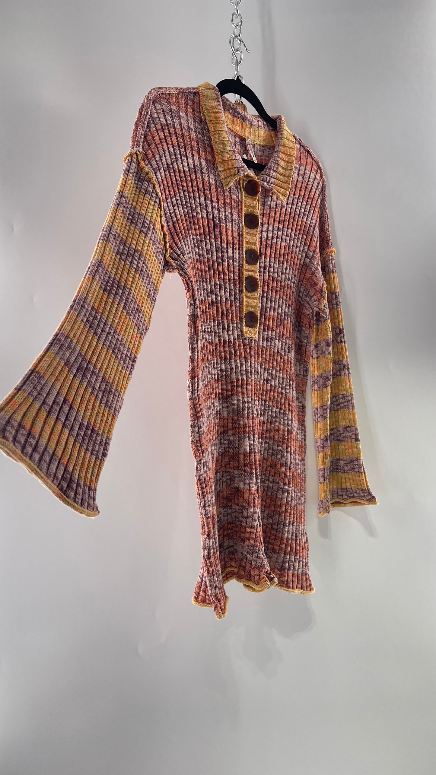 Free People Sunset Thick Knit, Collared, Brown Button Front Shorts Romper with Bell Sleeve (XS)
