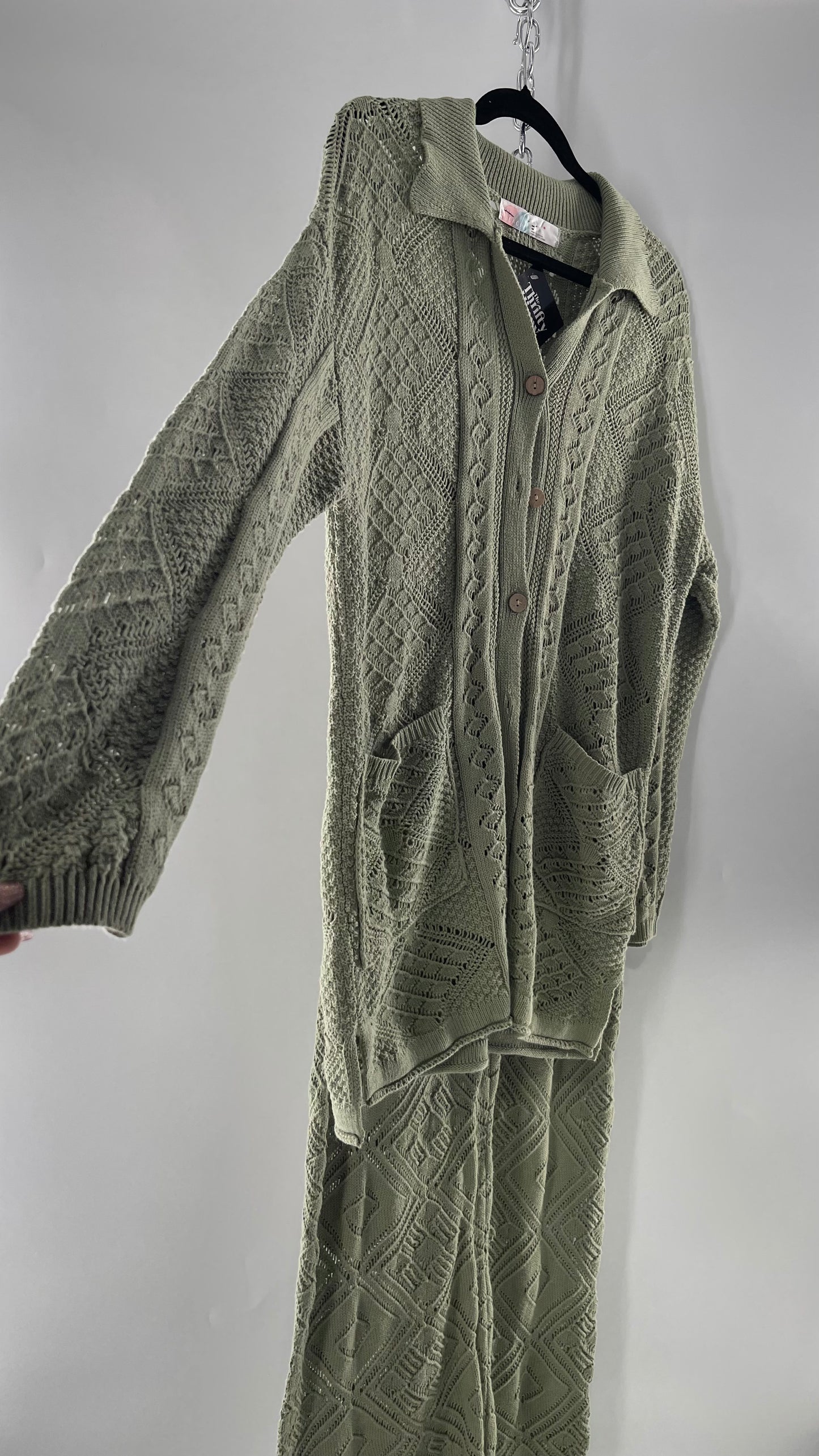 Free People Beach Sage Green Crochet Wooden Button Front Cardigan and Wide Leg Set (Medium)