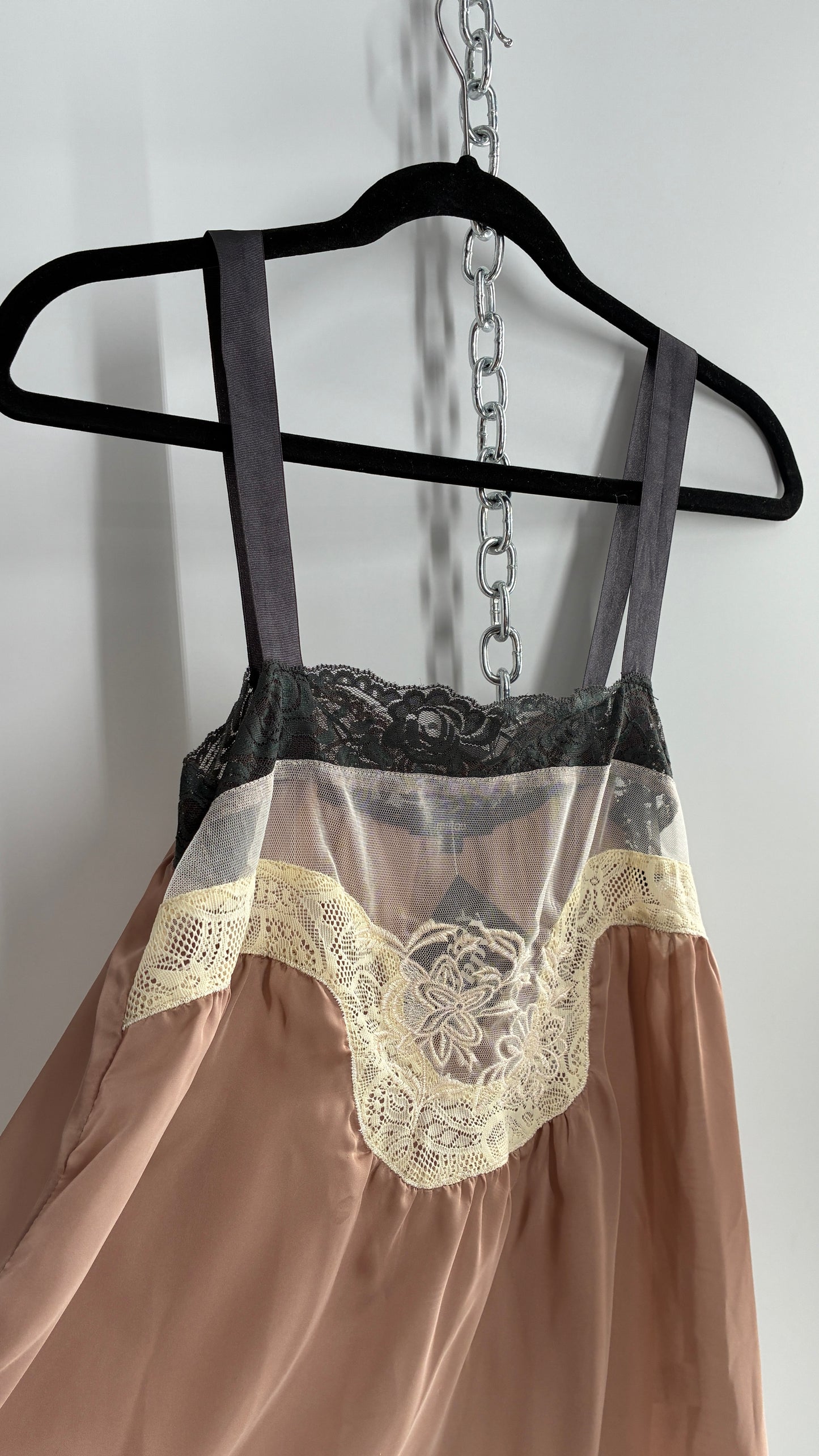 Vintage Milau Silky Camisole Top with Ribbon Straps and Sheer Mesh Paneling (Small)