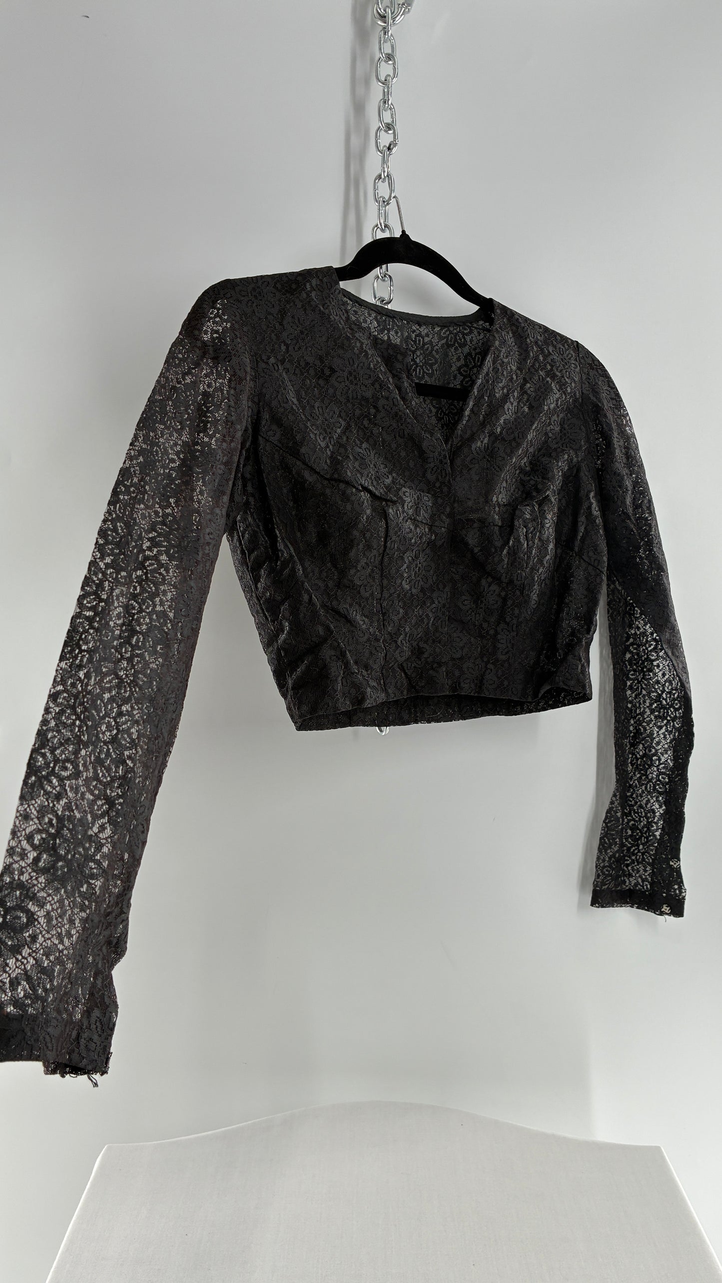 Vintage 1950s Ladies Own Black Lace Cropped Long Sleeve with Bust Stitching (Small)