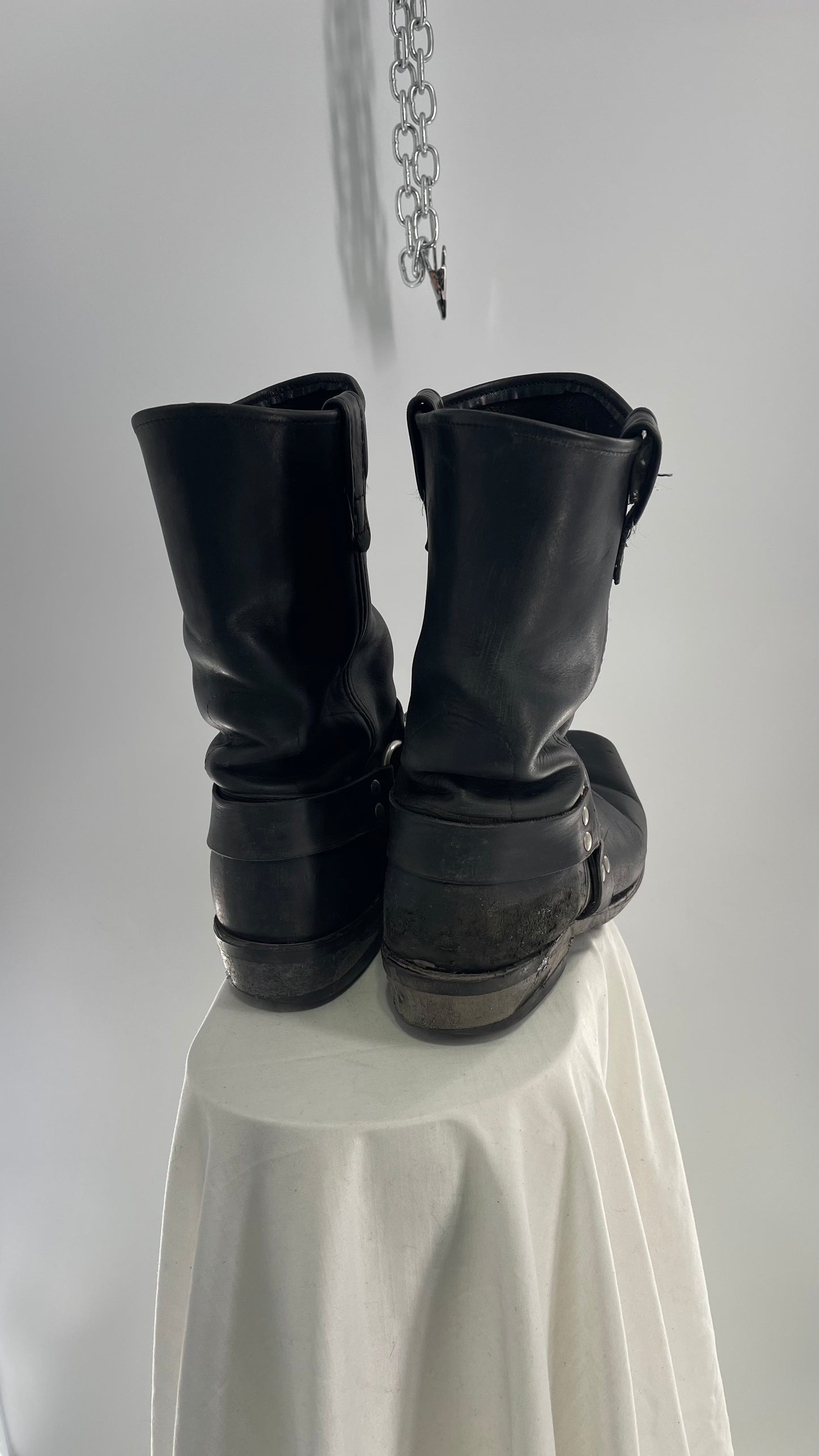 Vintage SIERRA Black Heavy Duty Sloppy Scuffed Distressed Leather Motorcycle Boots (10.5)