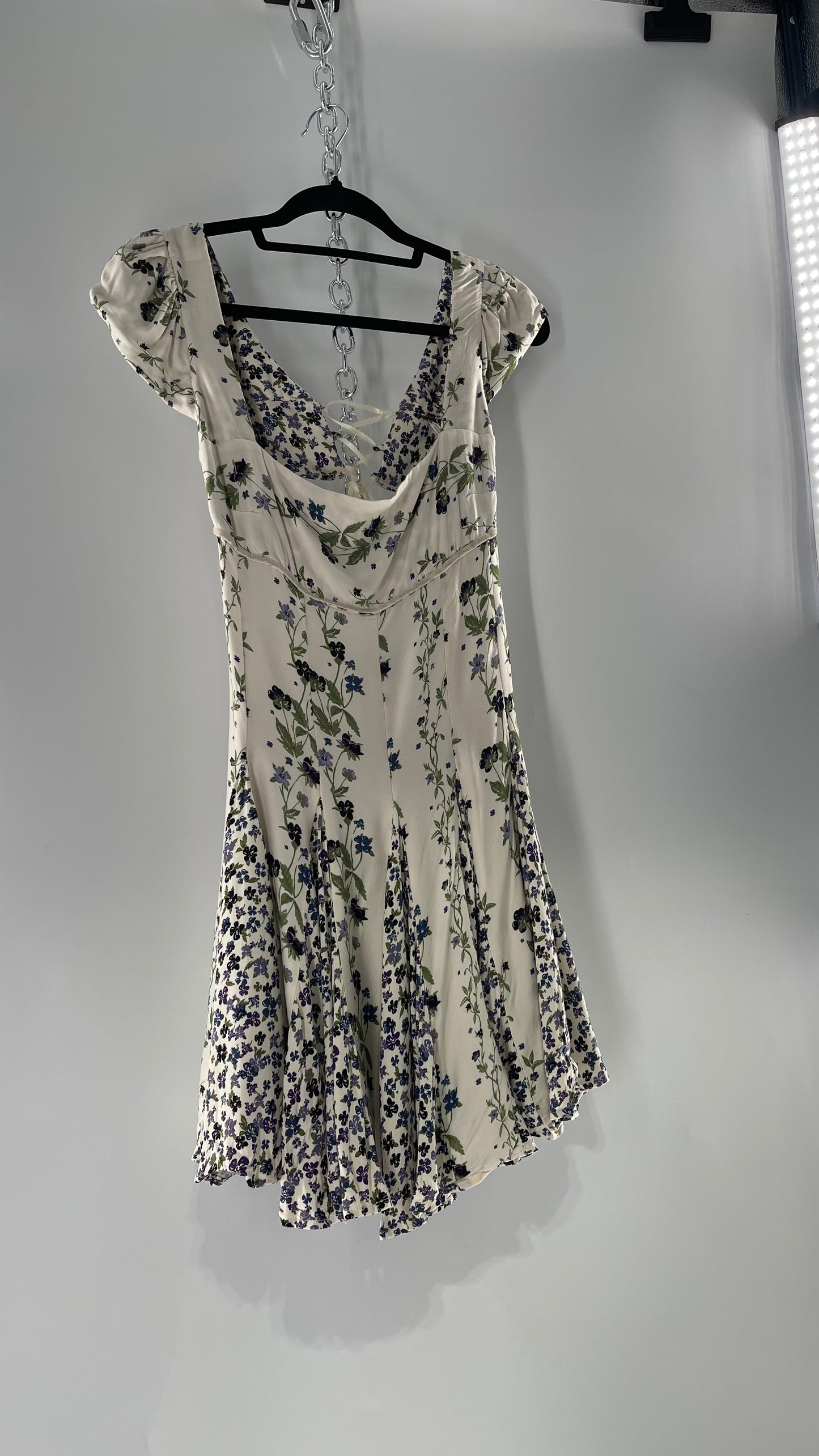 Free People Ivory Mini Dress with Violet Floral Pattern, Cap Sleeves and Lace Up Open Back (M)