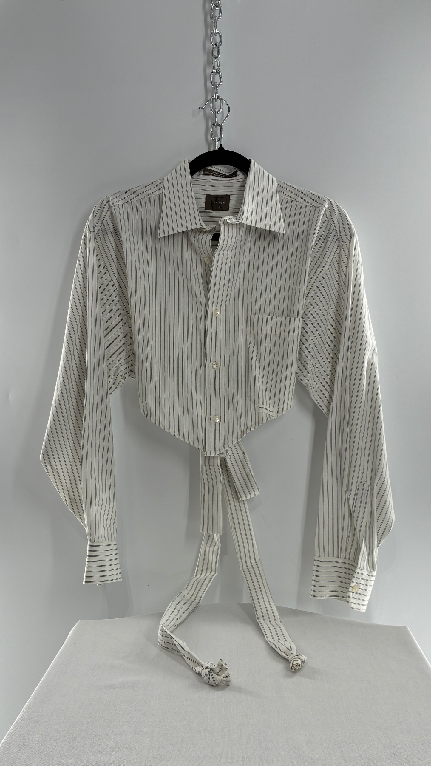 Vintage CALVIN KLEIN Reworked Button Front Backless White Striped Blouse (One Size)