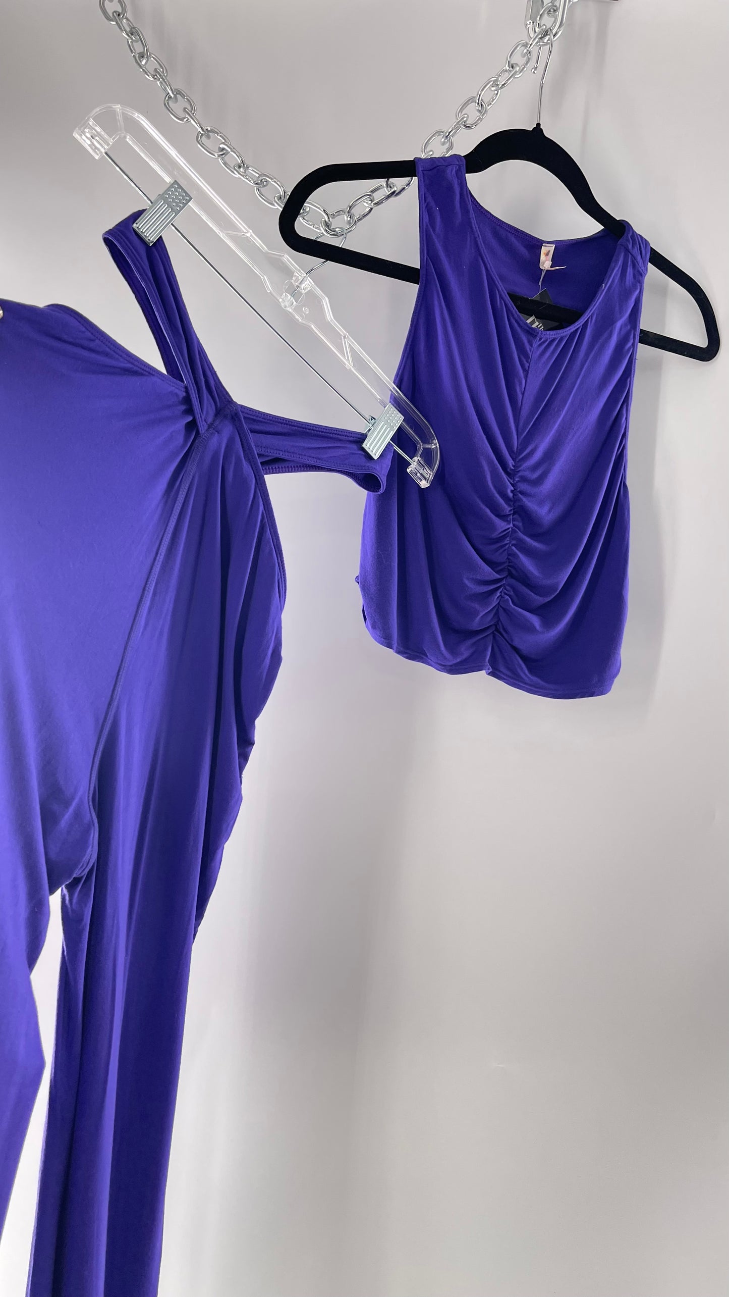 Free People 2 Piece Cobalt Purple Ruched Tank+ Cut Out Hip Strap Detail Flared Bottoms Set (Small)
