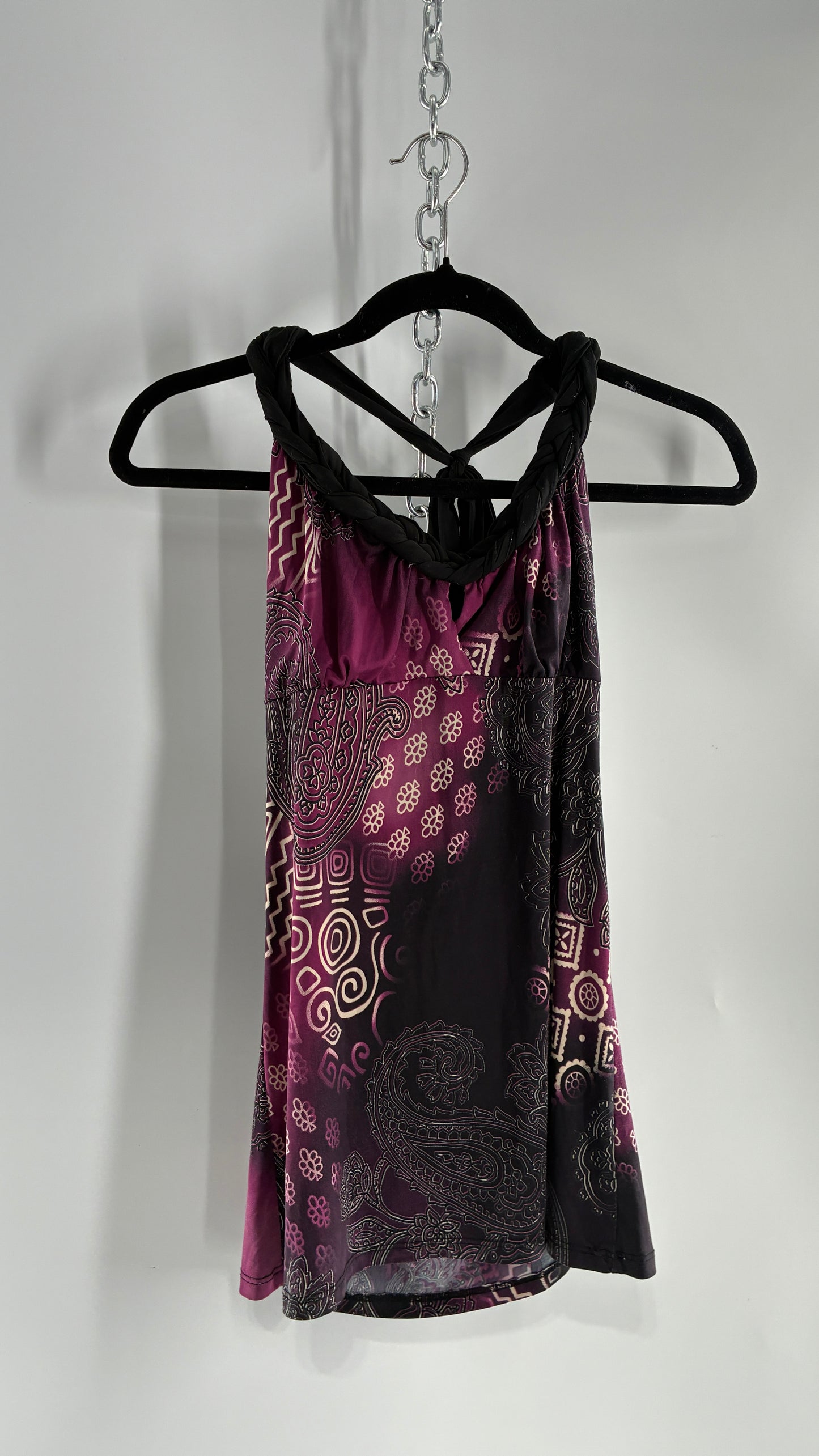 Vintage RUE 21 Purple Braided Halter Black and Purple Graphic (Large)