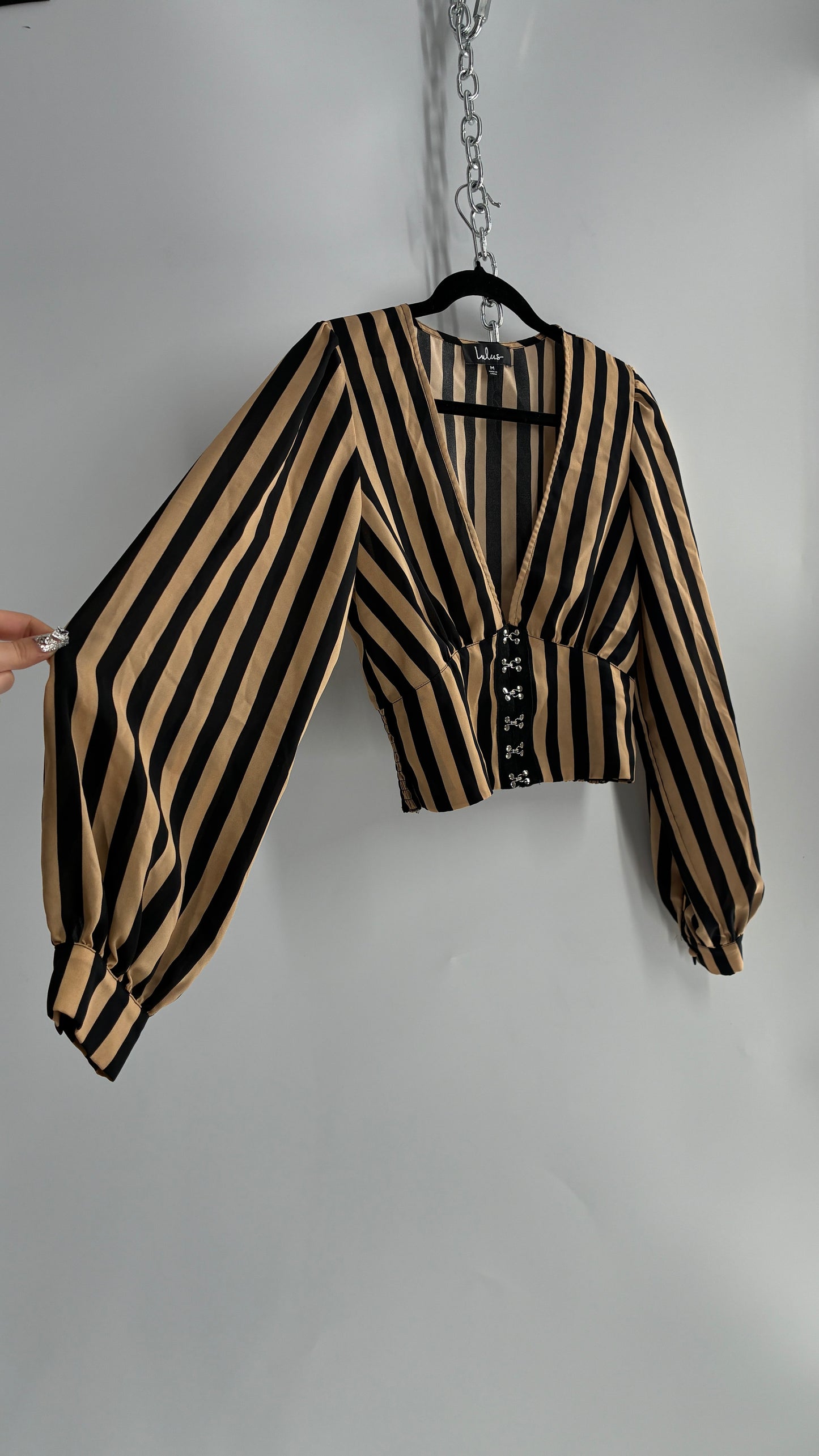 LULUS Striped Tan and Black Balloon and Corseted Waist (Medium)